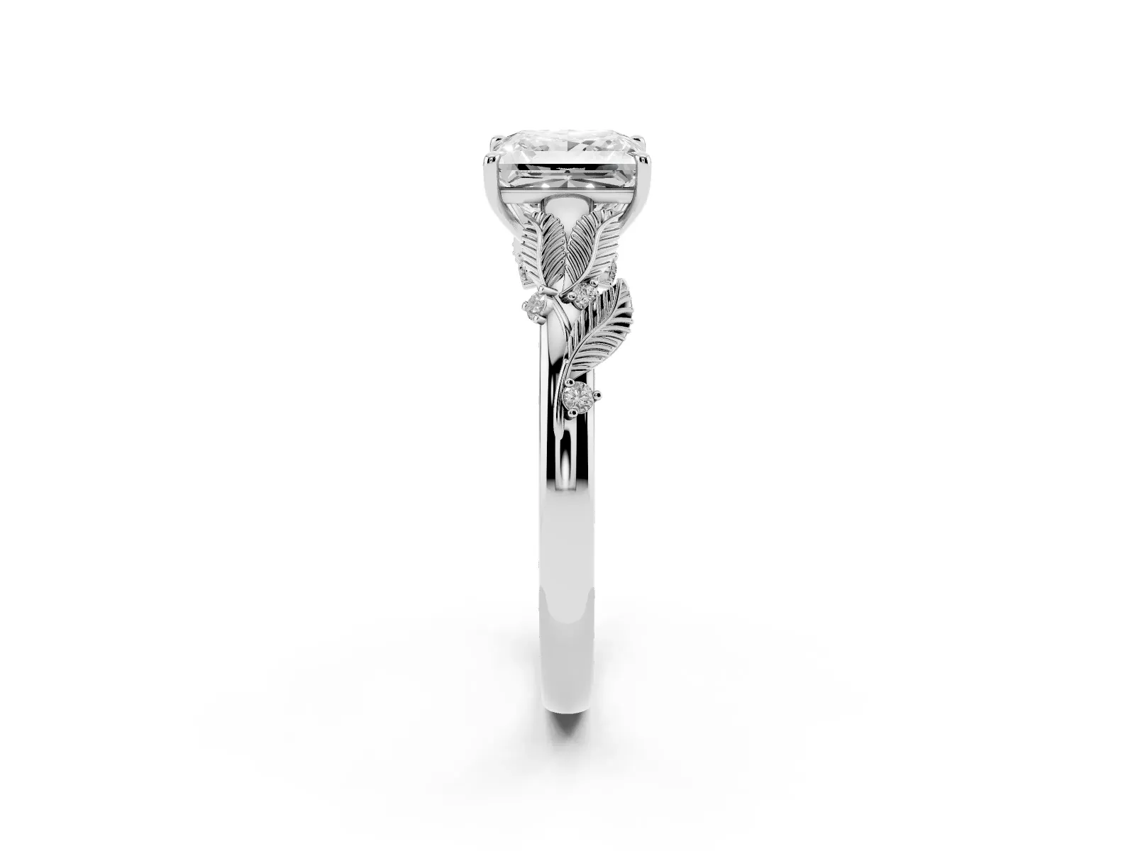 Princess Cut Diamond Solitaire Ring with Leaf Motif Band and Four-Prong Setting Platinum