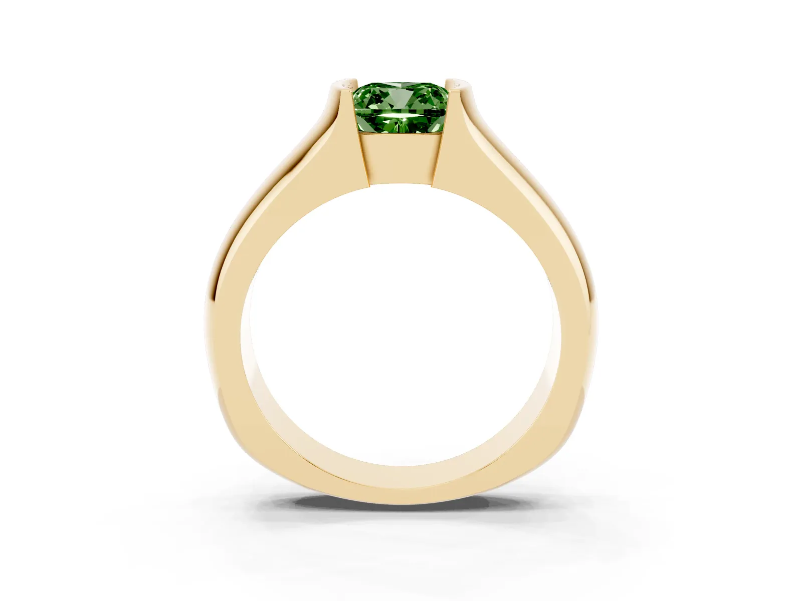 Fancy Green Cushion Cut Solitaire Bezel Set Diamond Ring with Wide Band Yellow gold