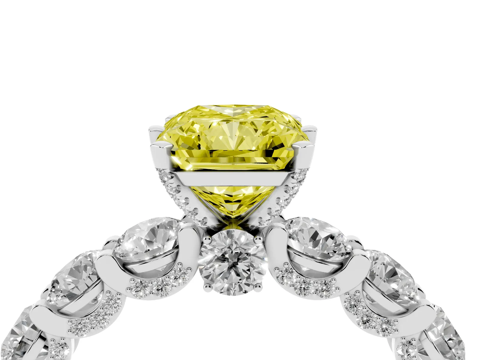 Fancy Yellow Radiant Cut Diamond Side Stone Engagement Ring with Four-Prong Setting Platinum