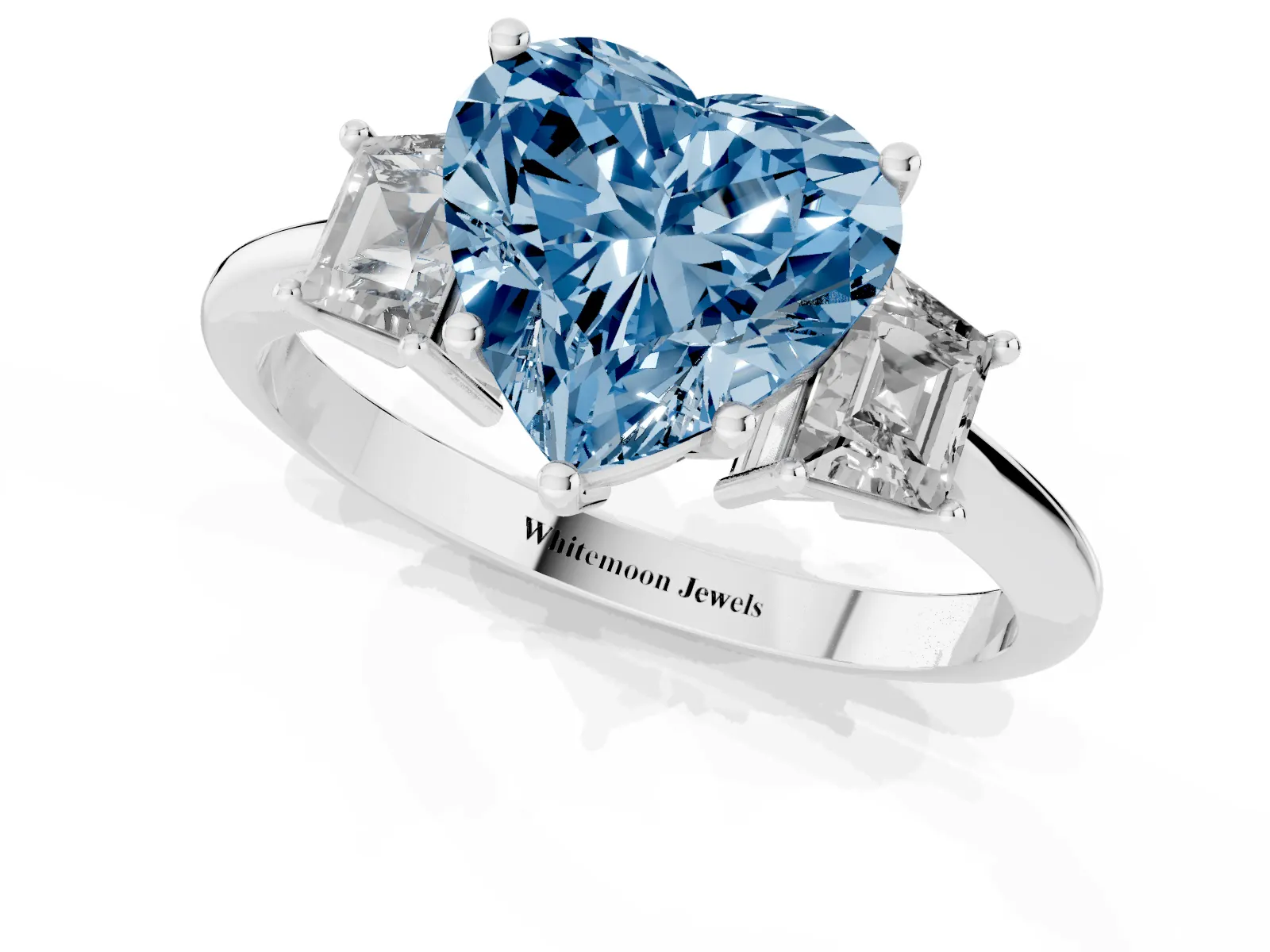 Fancy Blue Heart Cut Diamond Three-Stone Ring with Trapezoid Side Stones and Prong Setting White gold