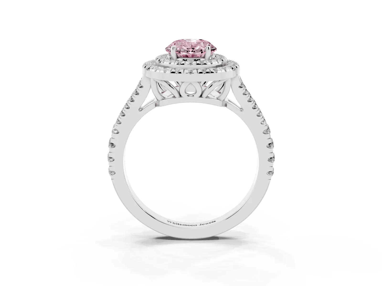 Fancy Pink Oval Cut Diamond Double Halo Ring with Pavé Band and Prong Setting Platinum