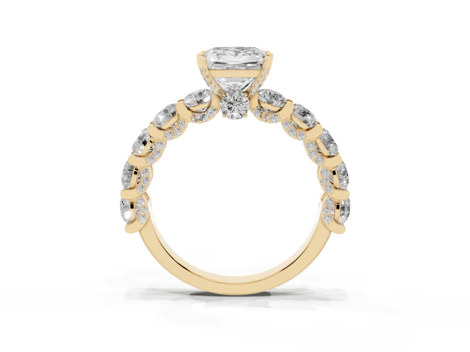 Princess Cut Diamond Side Stone Engagement Ring with Four-Prong Setting Yellow gold