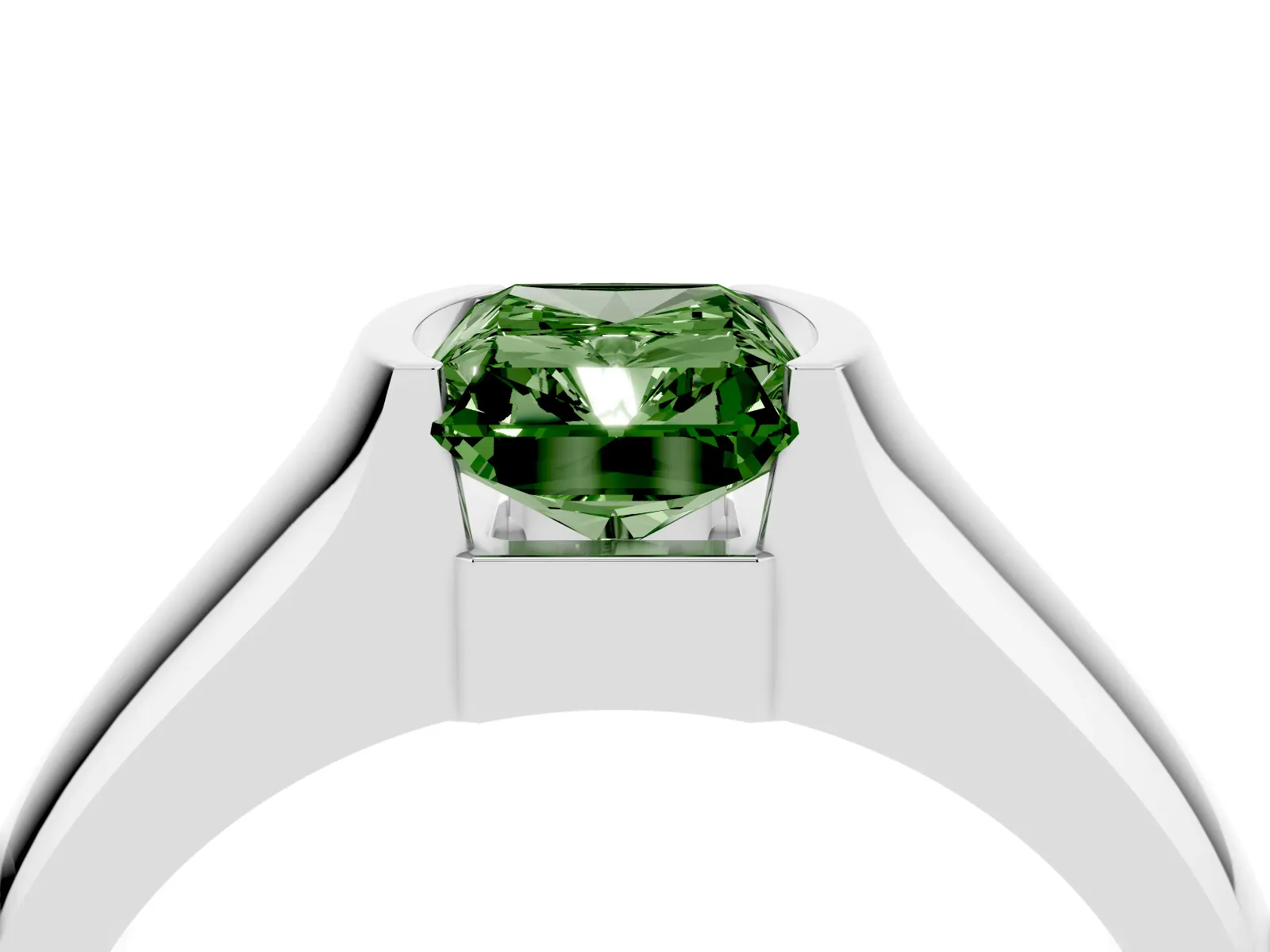 Fancy Green Radiant Cut Solitaire Bezel Set Diamond Ring with Wide Band White gold