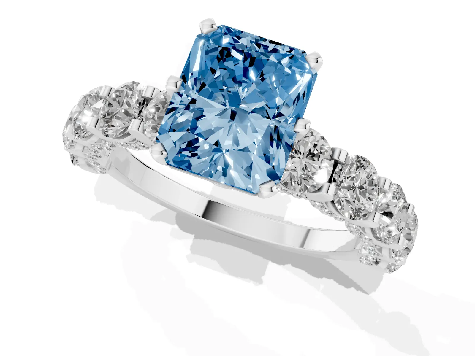 Fancy Blue Radiant Cut Diamond Side Stone Engagement Ring with Four-Prong Setting Platinum