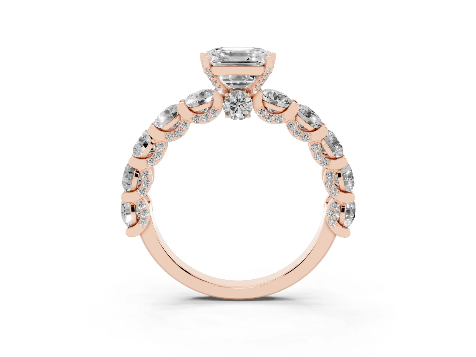 Asscher Cut Diamond Side Stone Engagement Ring with Four-Prong Setting Rose gold