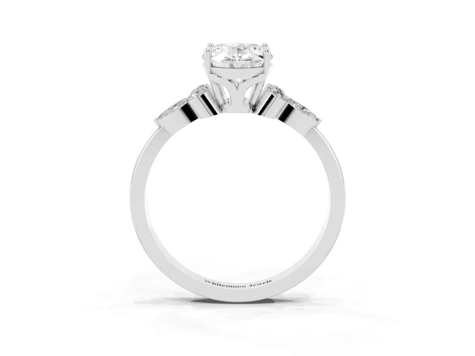 Oval Cut Brilliant Diamond Solitaire Ring with Pear Side Stones and Four-Prong Setting Platinum