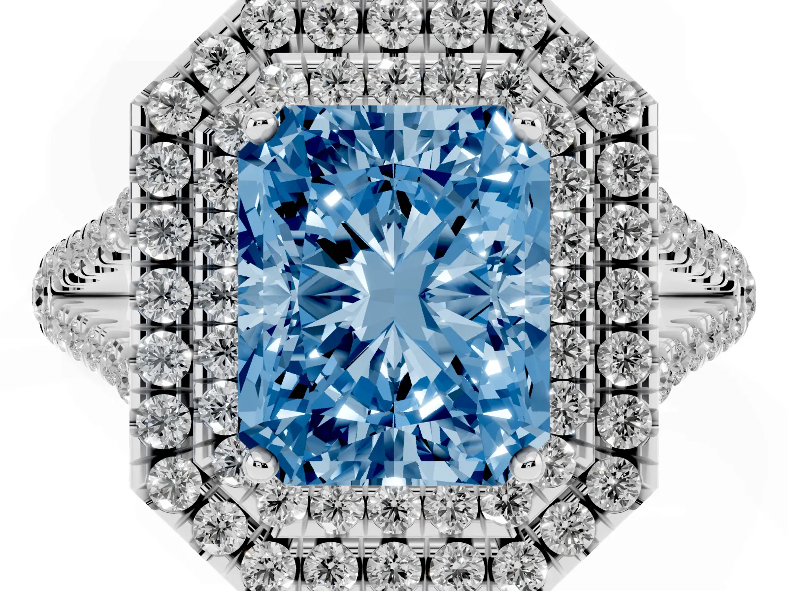 Fancy Blue Radiant Cut Diamond Double Halo Ring with Pavé Band and Prong Setting Platinum
