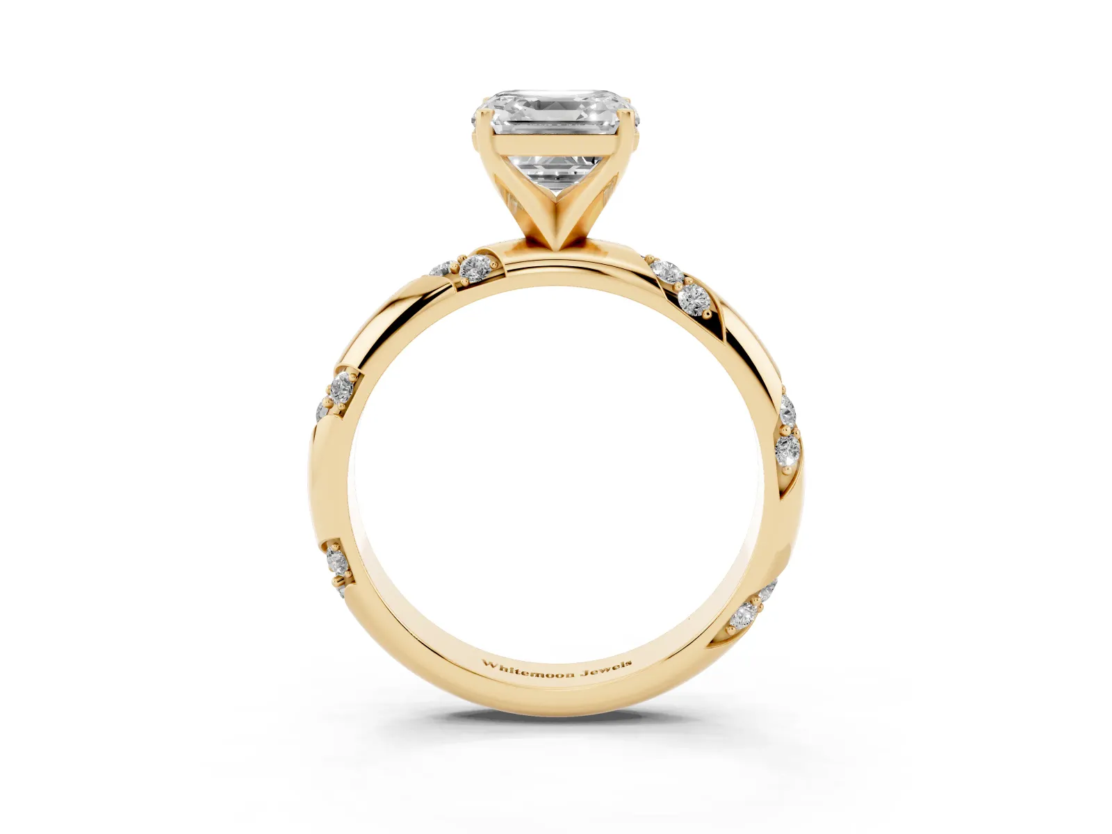 Asscher Cut Diamond Solitaire Engagement Ring with Twisted Round Accent Band and Prong Setting Yellow gold