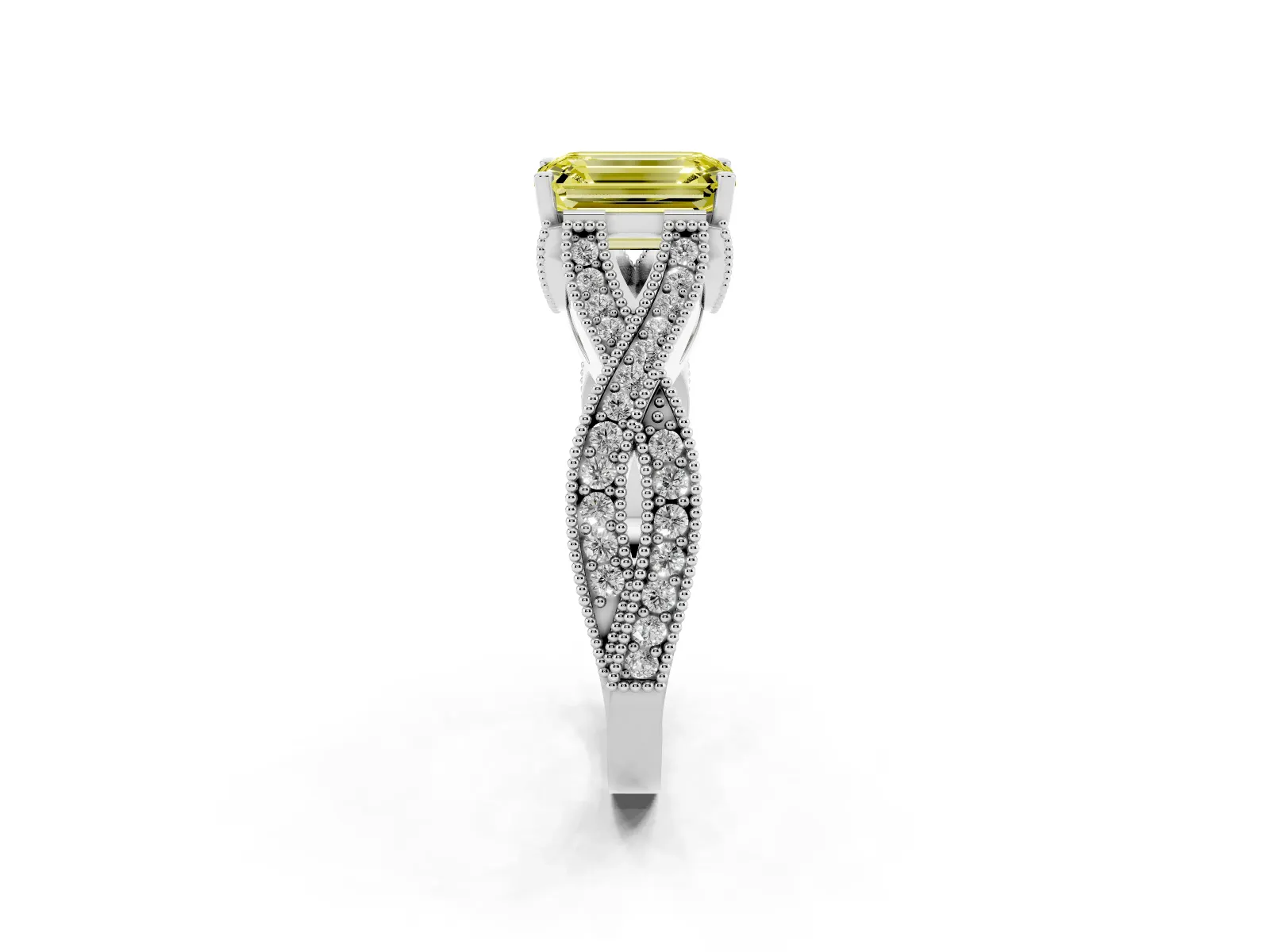 Fancy Yellow Emerald Cut Cut Diamond Twisted Band with Milgrain Pave Setting and Four-Prong Setting Platinum