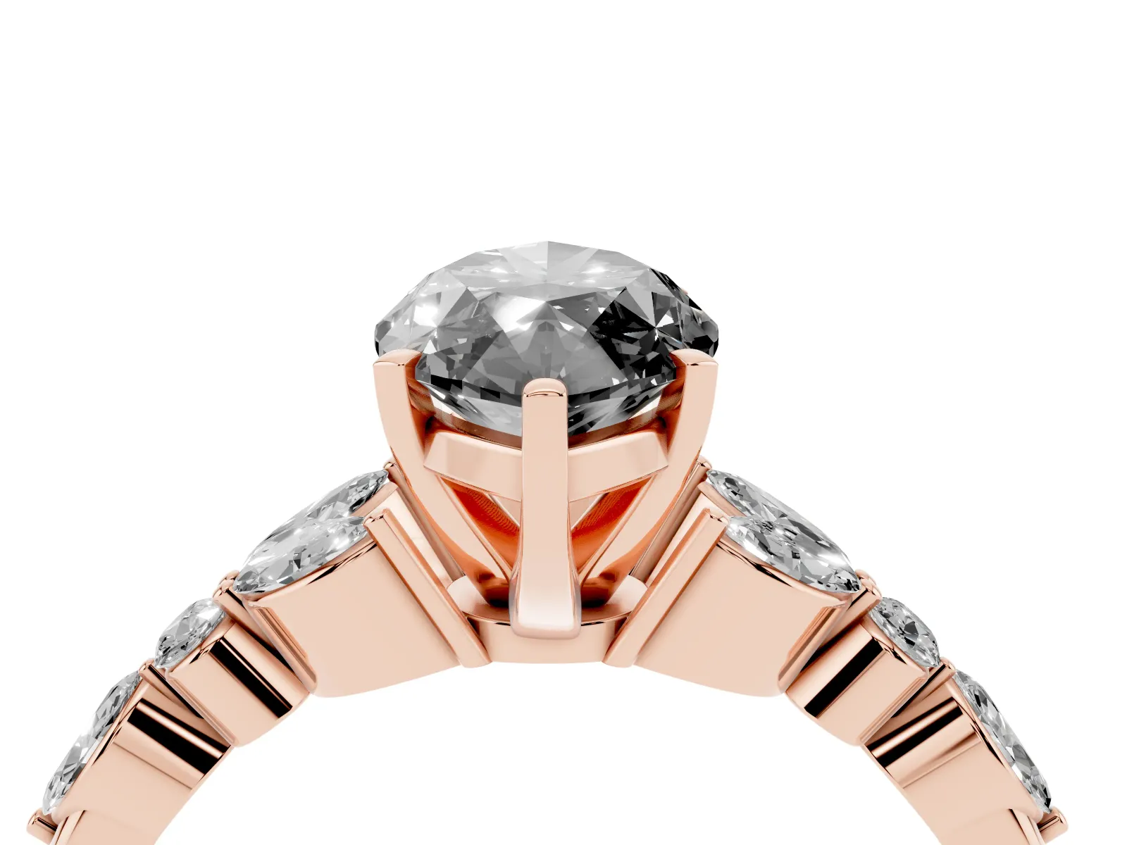 Fancy Black Marquise Cut Diamond Solitaire Ring with Side Stones and Four-Prong Setting Rose gold