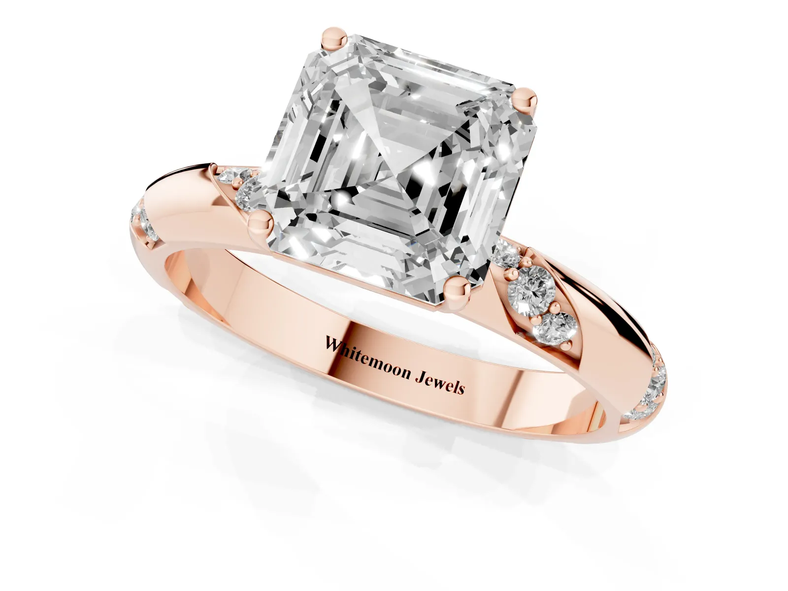 Asscher Cut Diamond Solitaire Engagement Ring with Twisted Round Accent Band and Prong Setting Rose gold