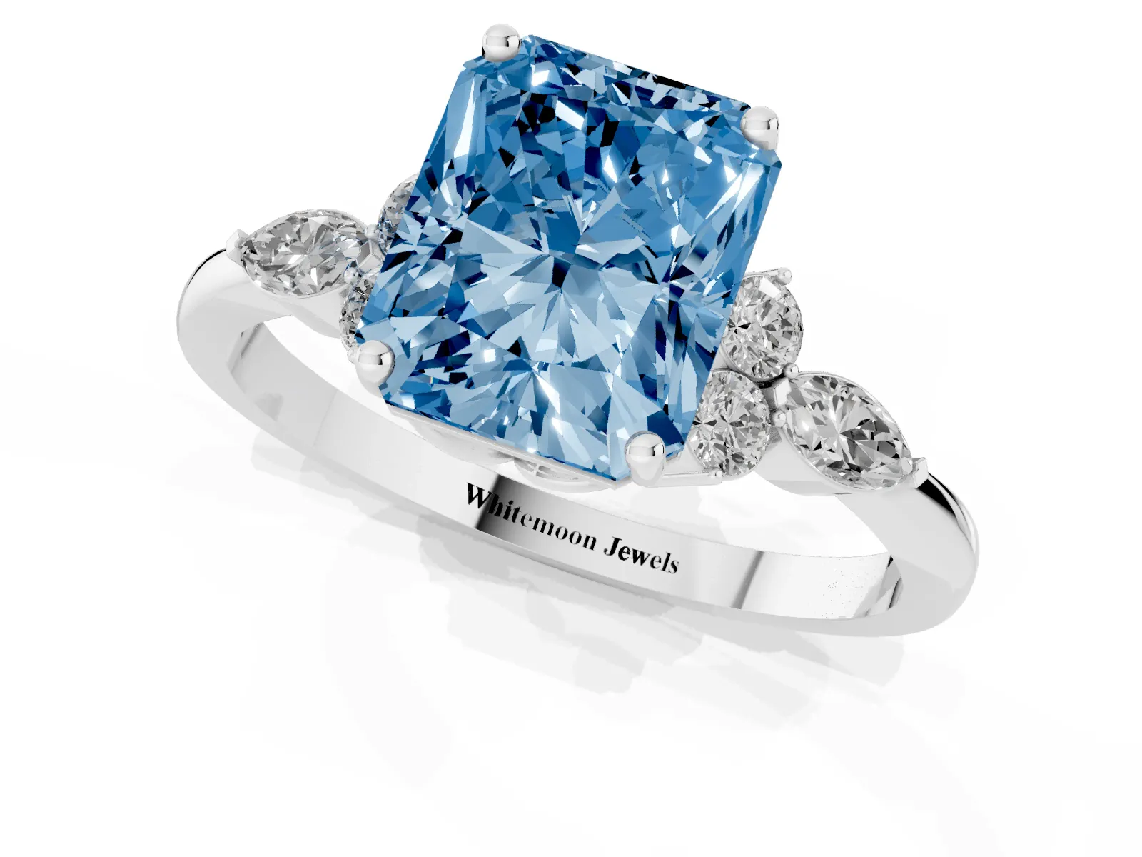 Fancy Blue Radiant Cut Brilliant Diamond Solitaire Ring with Pear Side Stones and Four-Prong Setting White gold
