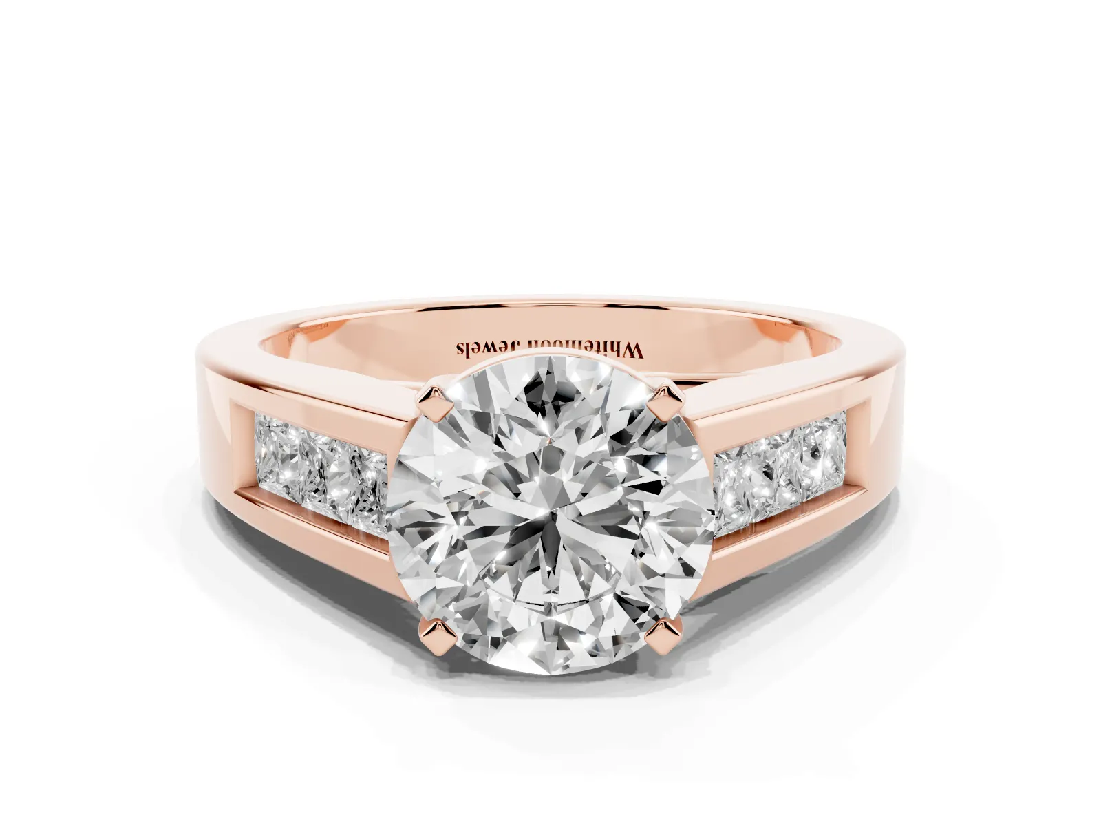 Round Cut Cut Channel Set Solitaire Ring with Four-Prong Setting Rose gold
