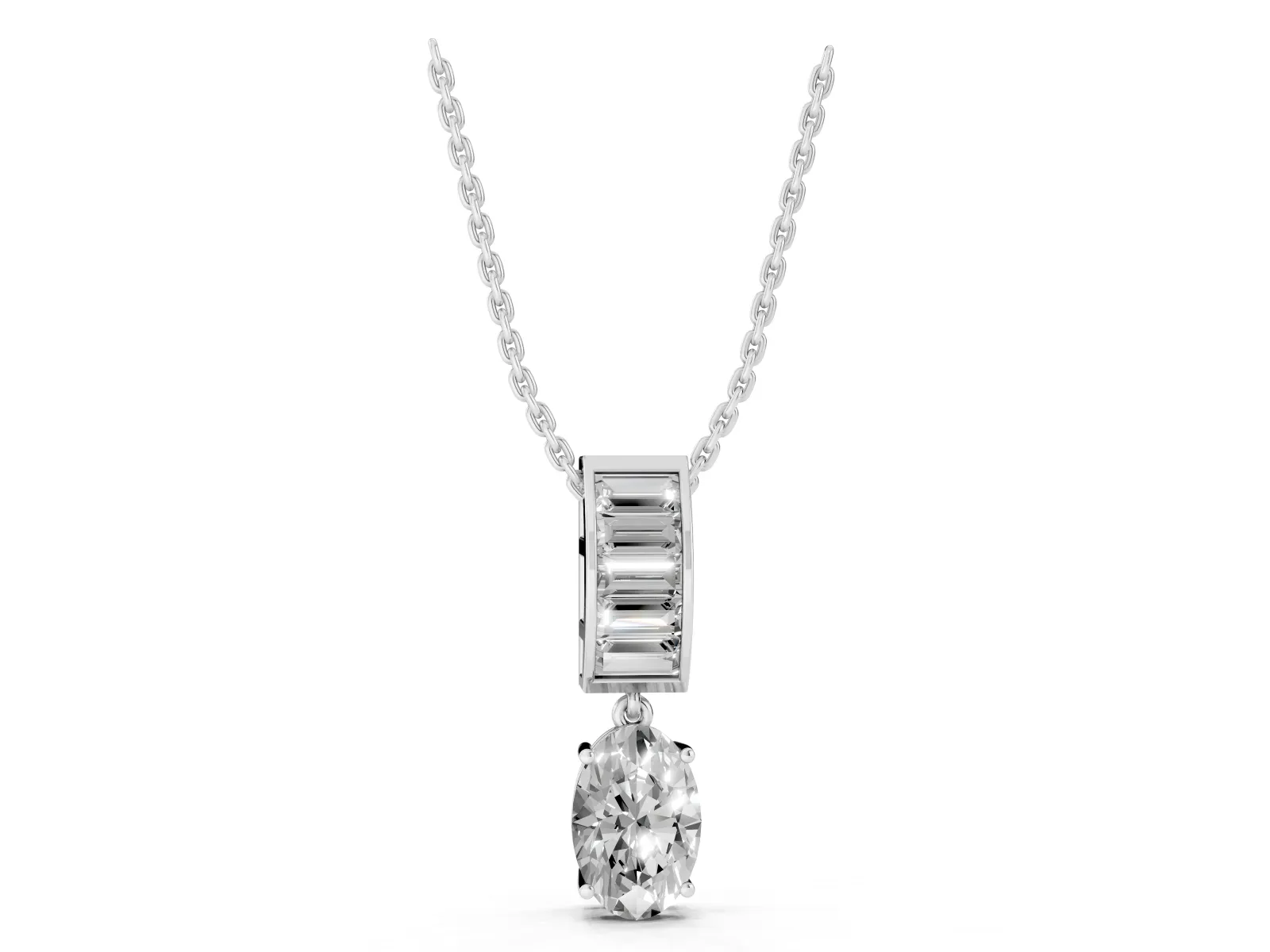 Oval and Baguette Diamond Drop Pendant White gold