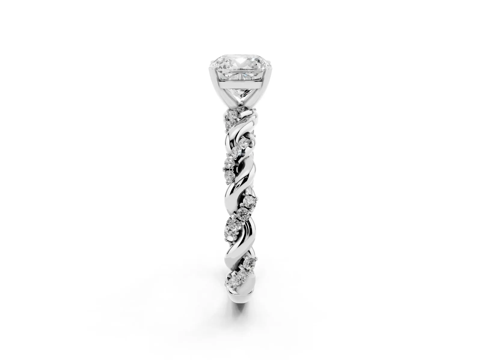 Cushion Cut Diamond Solitaire Ring with Twisted Band and Pavé Accents White gold