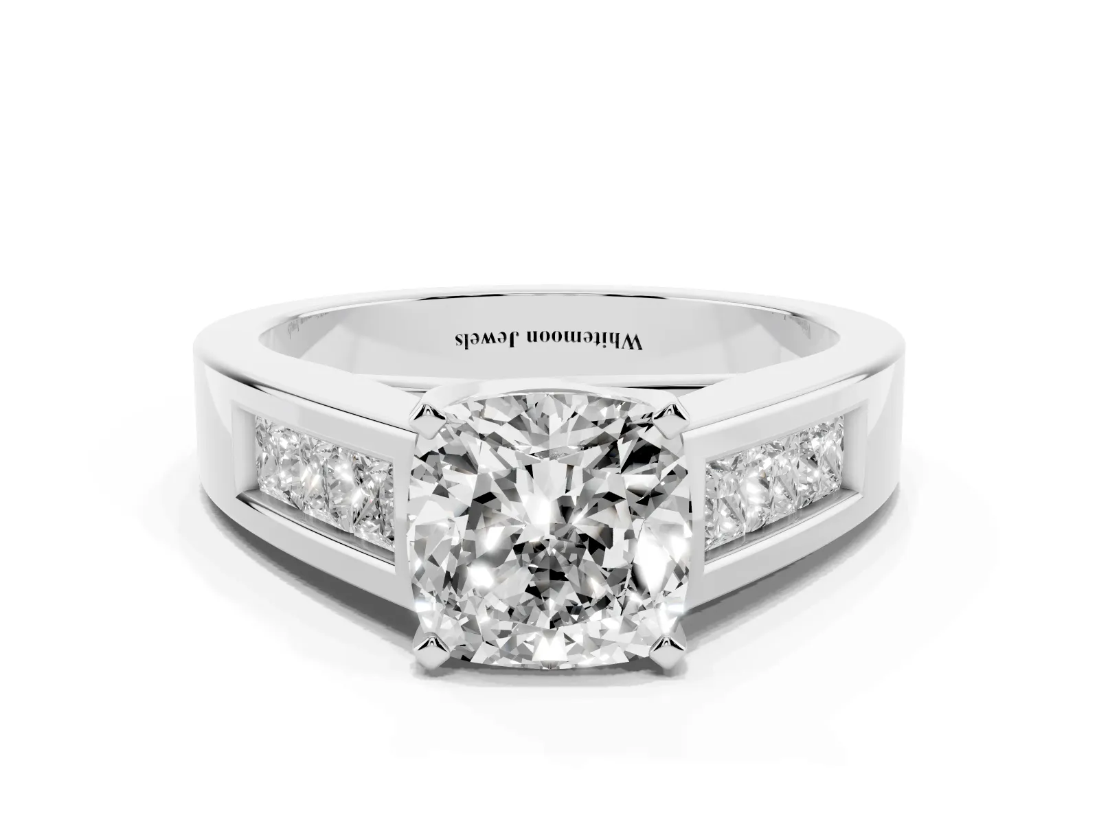 Cushion Cut Cut Channel Set Solitaire Ring with Four-Prong Setting Silver