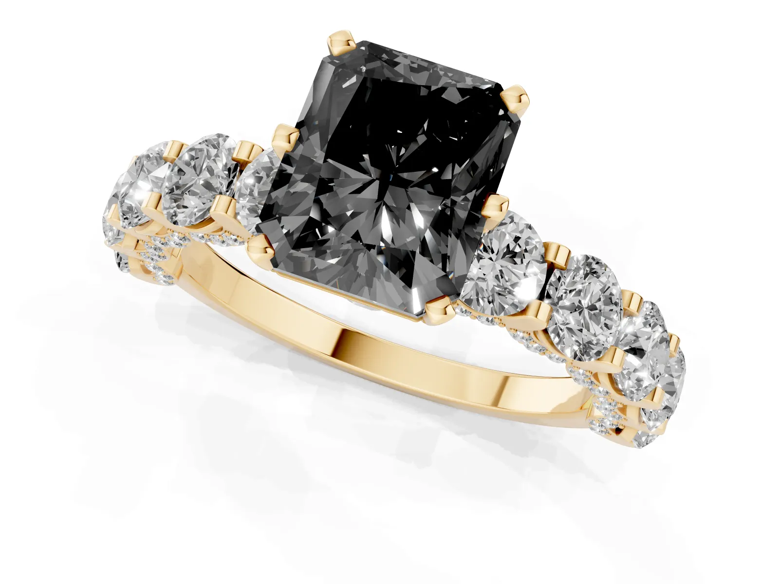 Fancy Black Radiant Cut Diamond Side Stone Engagement Ring with Four-Prong Setting Yellow gold