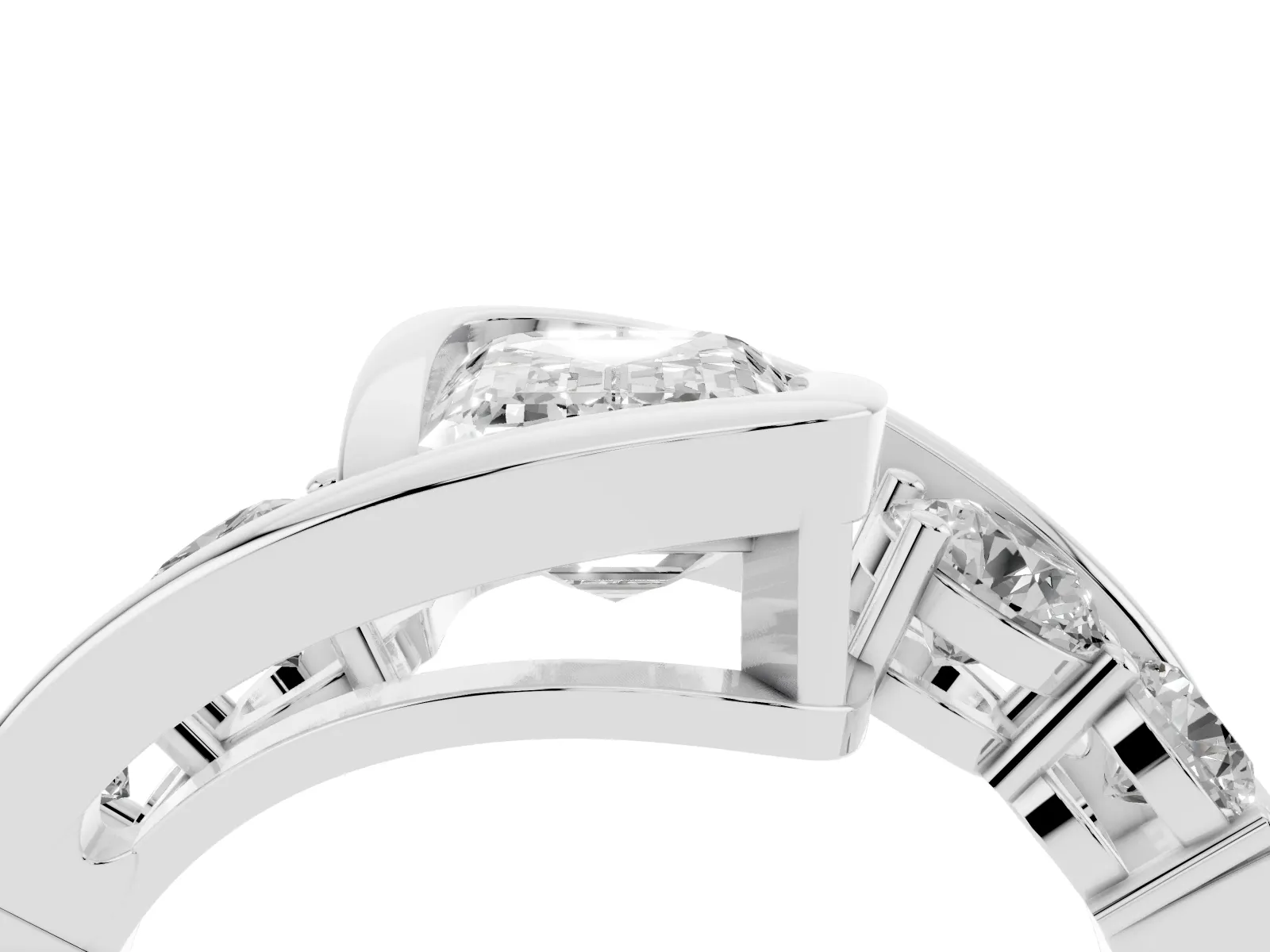 Bezel Set Emerald Cut Diamond Bypass Ring with Round Accents Platinum