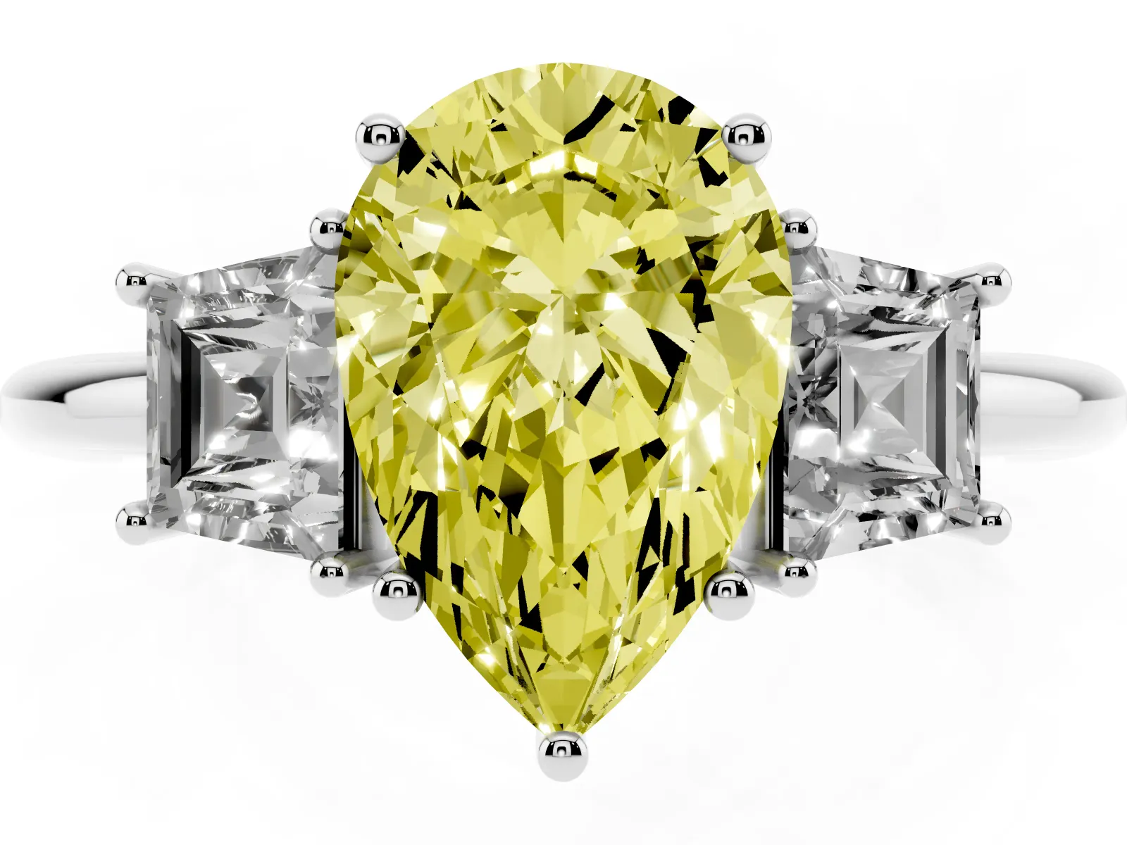 Fancy Yellow Pear Cut Diamond Three-Stone Ring with Trapezoid Side Stones and Prong Setting Platinum