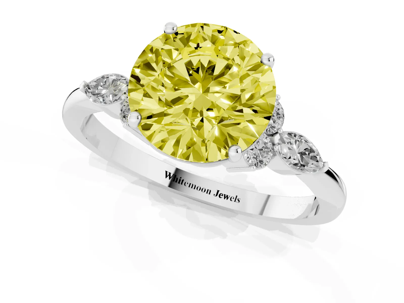 Fancy Yellow Round Cut Brilliant Diamond Solitaire Ring with Pear Side Stones and Four-Prong Setting Platinum