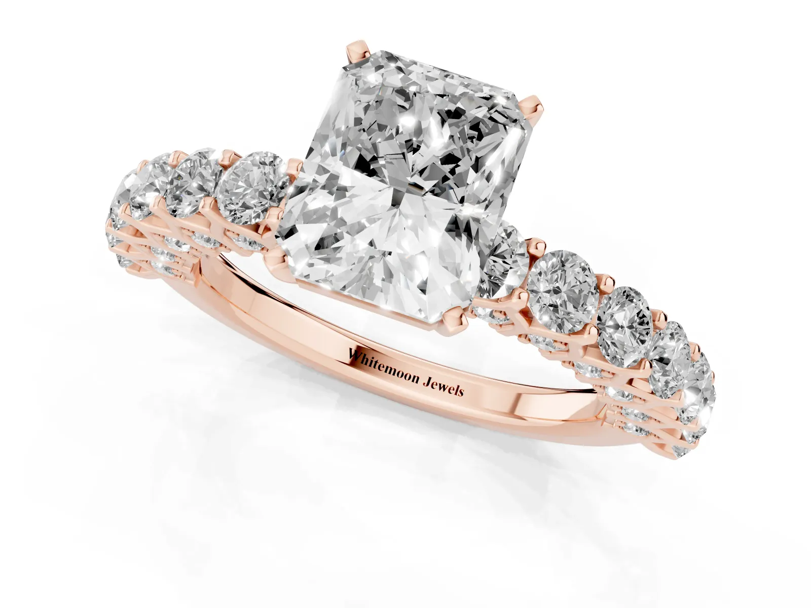 Radiant Cut Diamond Solitaire Ring with Shared Prong Pavé Band and Four-Prong Setting Rose gold