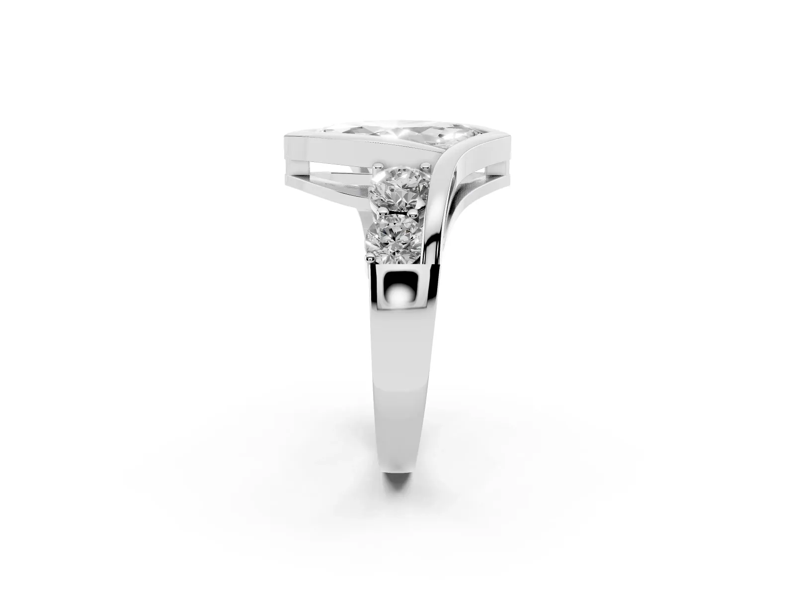 Bezel Set Marquise Cut Diamond Bypass Ring with Round Accents White gold