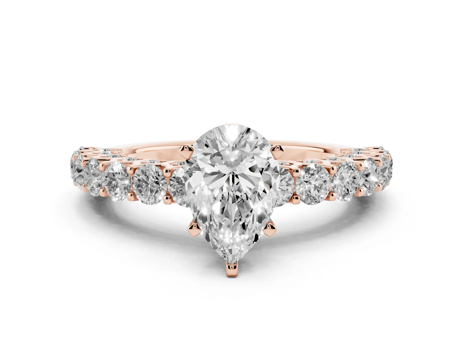 Pear Cut Diamond Solitaire Ring with Shared Prong Pavé Band and Four-Prong Setting Rose gold