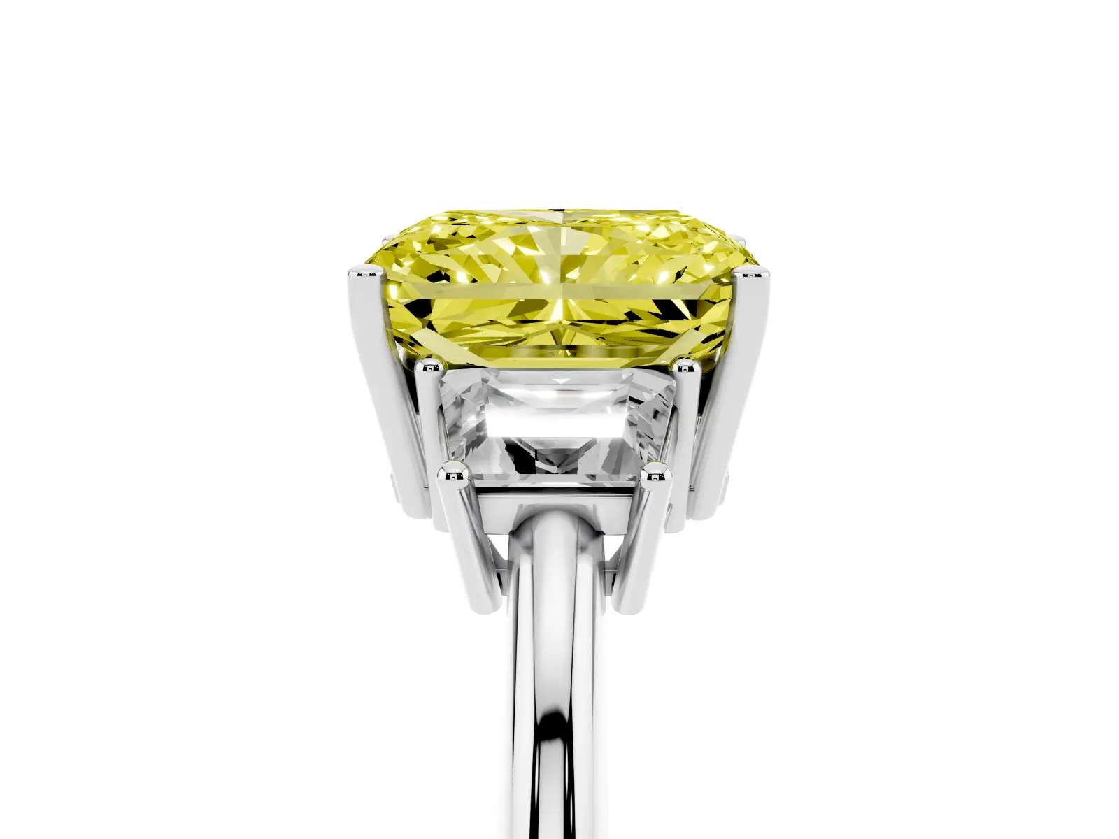Fancy Yellow Radiant Cut Diamond Three-Stone Ring with Trapezoid Side Stones and Prong Setting Platinum