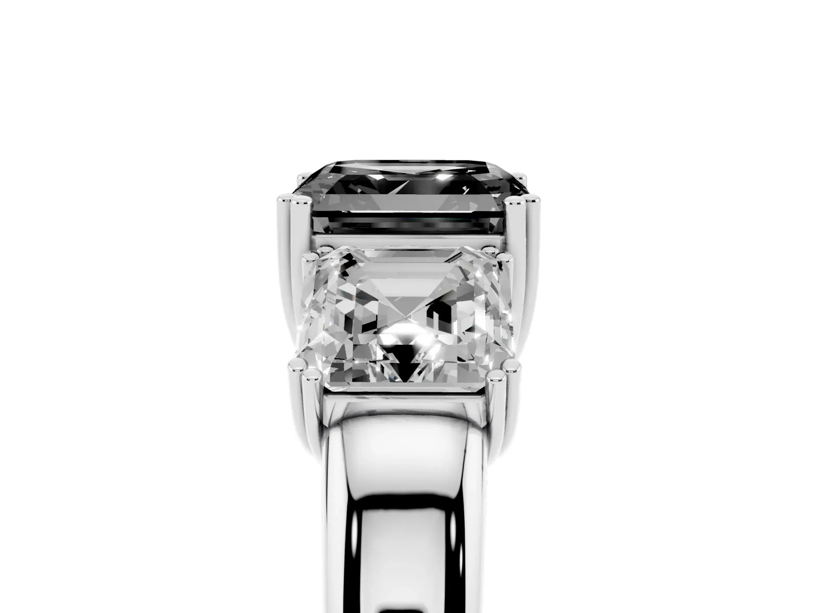 Fancy Black Three-Stone Asscher Cut Cut Diamond Ring with Channel Set Band and Four-Prong Setting White gold