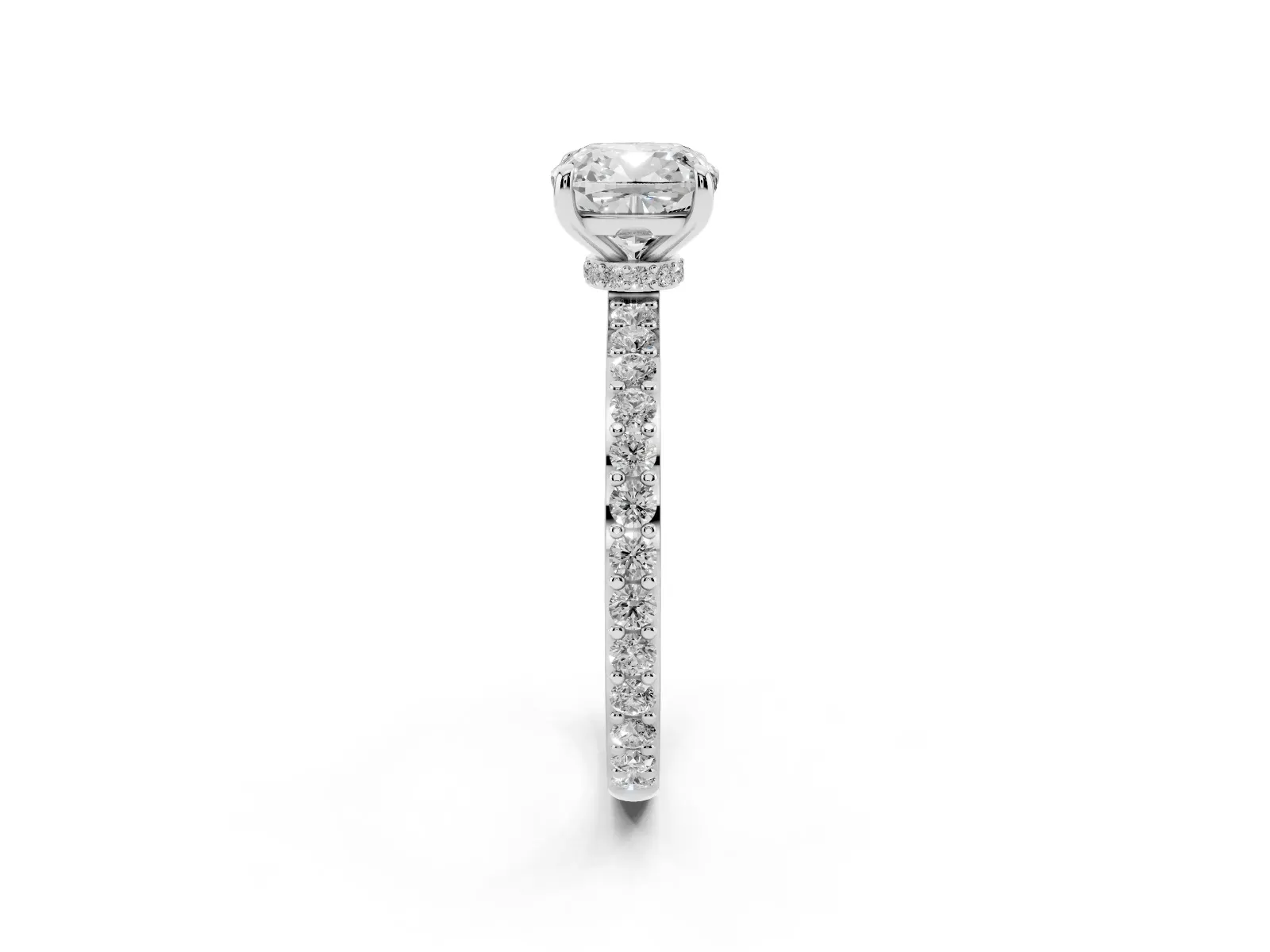 Cushion Cut Diamond Solitaire Engagement Ring with Pavé Band and Four-Prong Setting White gold