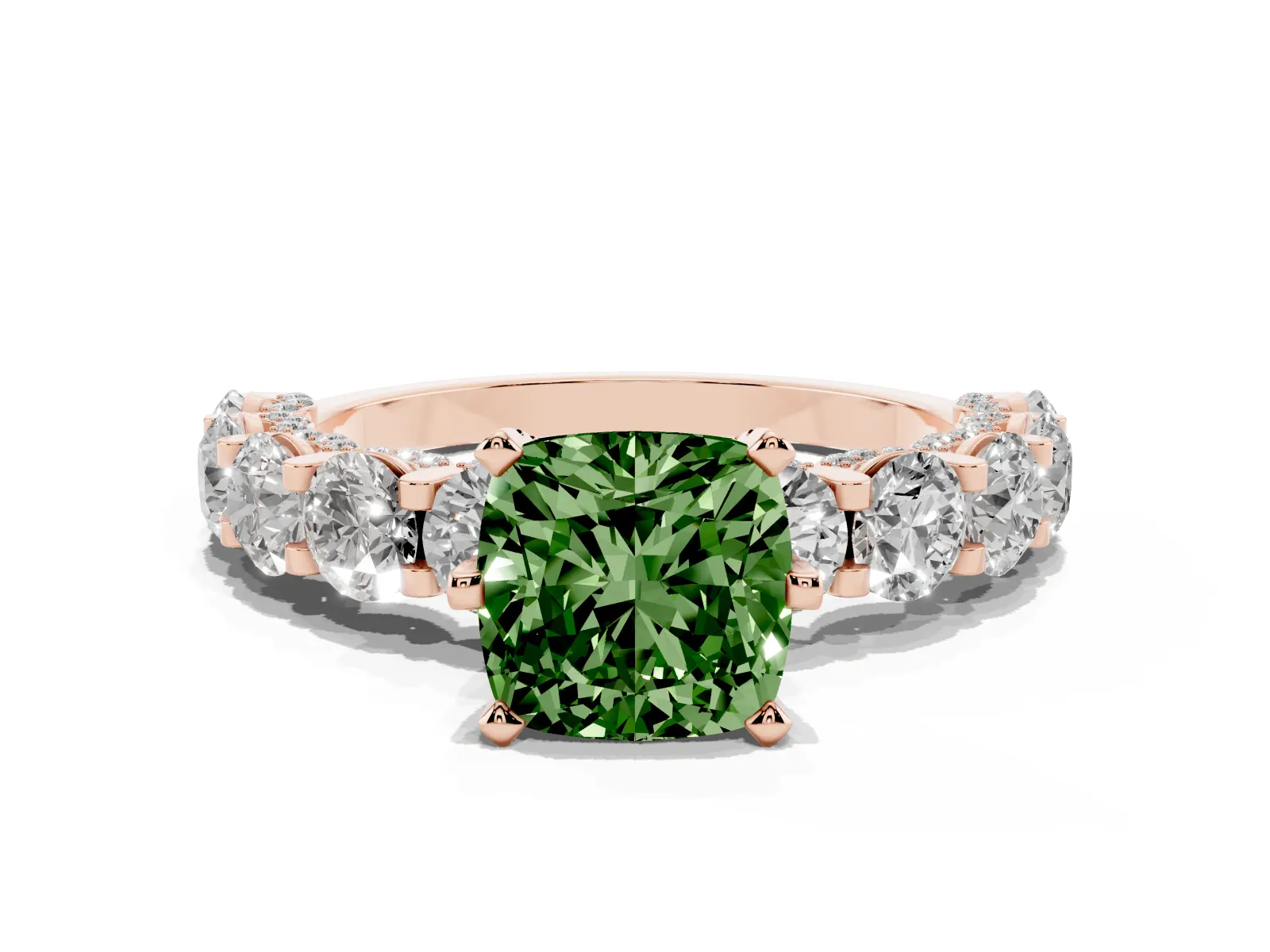 Fancy Green Cushion Cut Diamond Side Stone Engagement Ring with Four-Prong Setting Rose gold