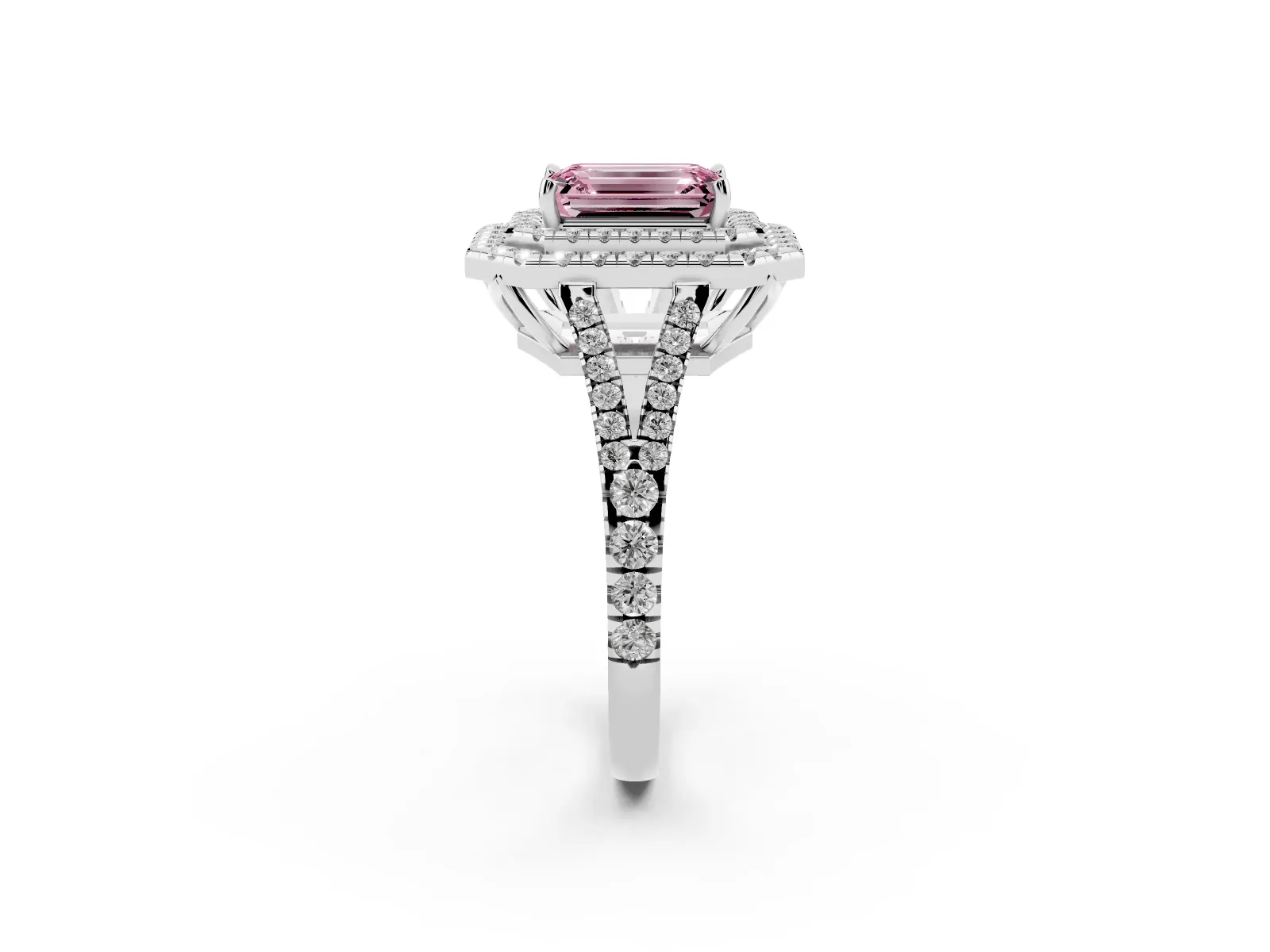 Fancy Pink Emerald Cut Diamond Double Halo Ring with Pavé Band and Prong Setting Platinum