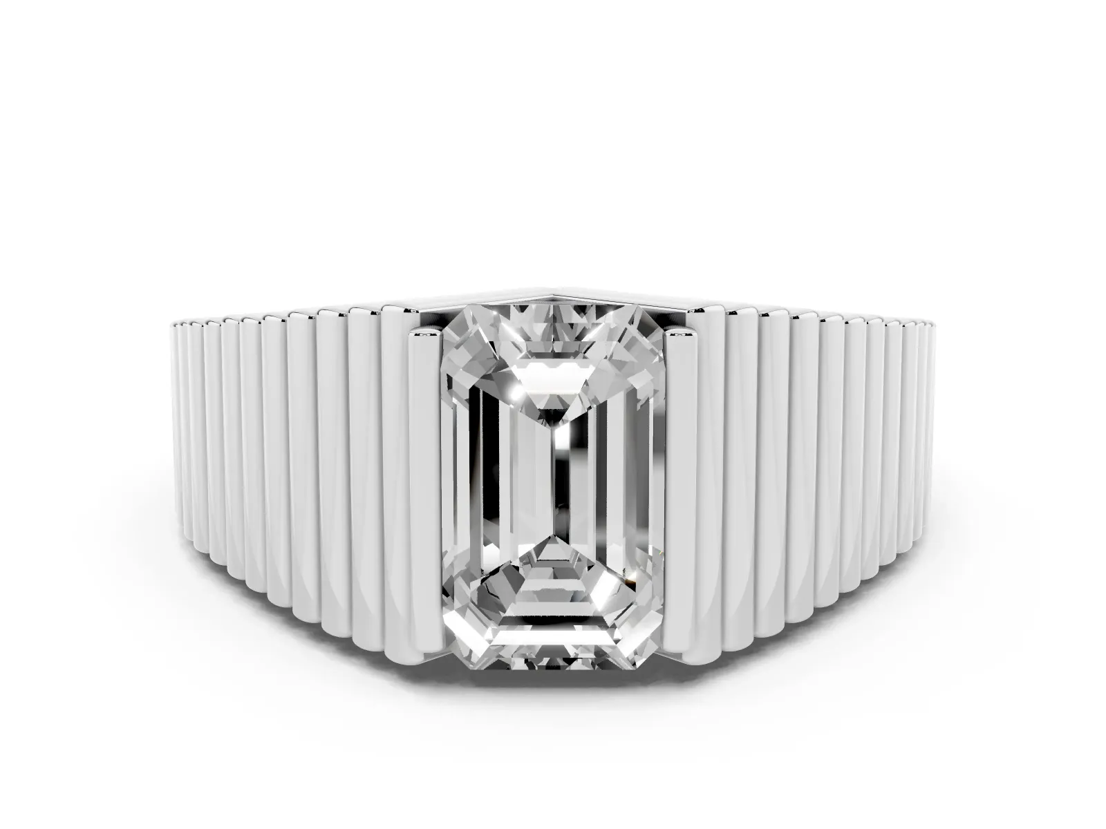 Emerald Cut Diamond Fluted Mens Ring Platinum
