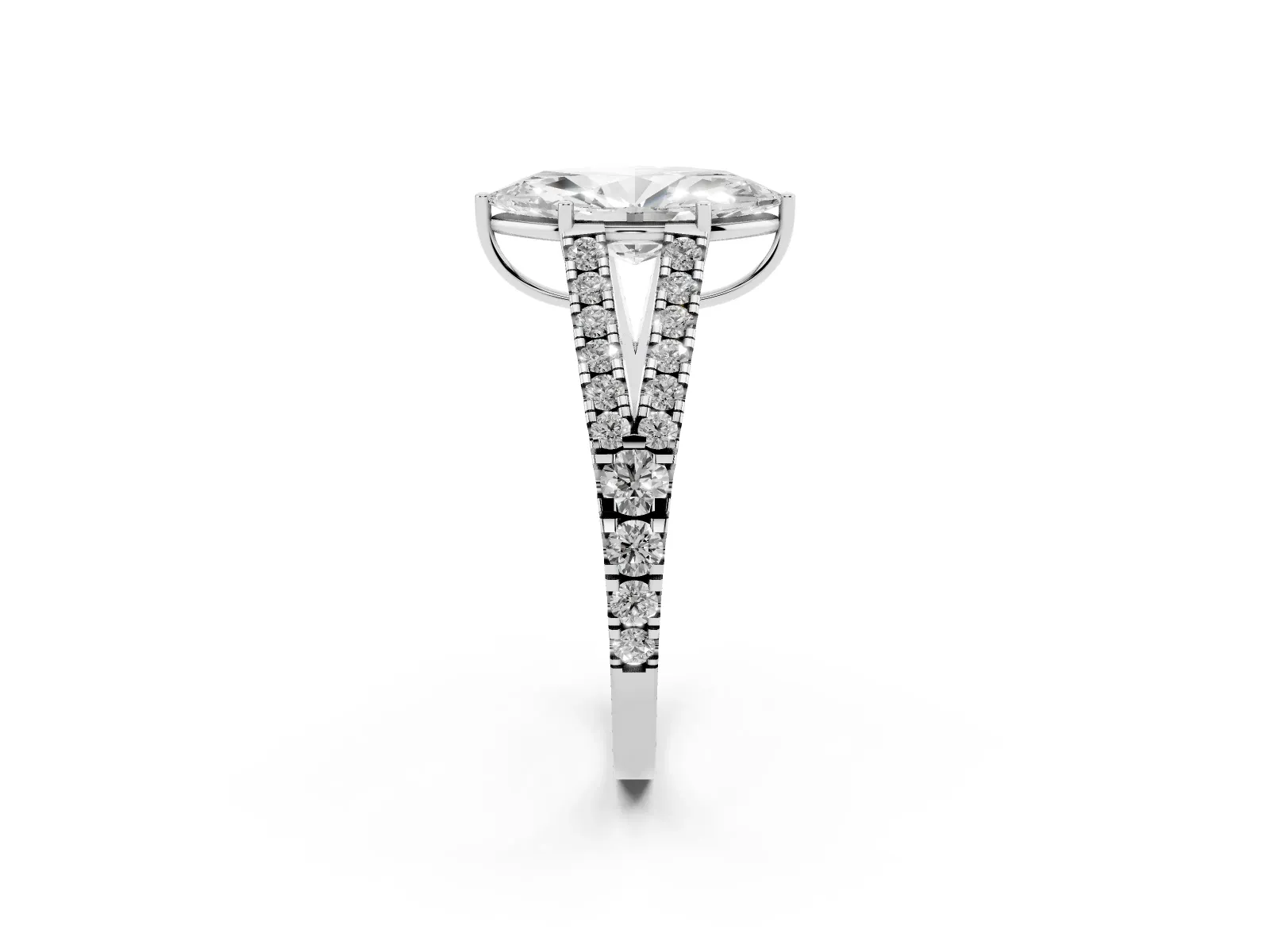 Marquise Cut Diamond Split Shank Engagement Ring with Round Pavé and Prong Setting White gold