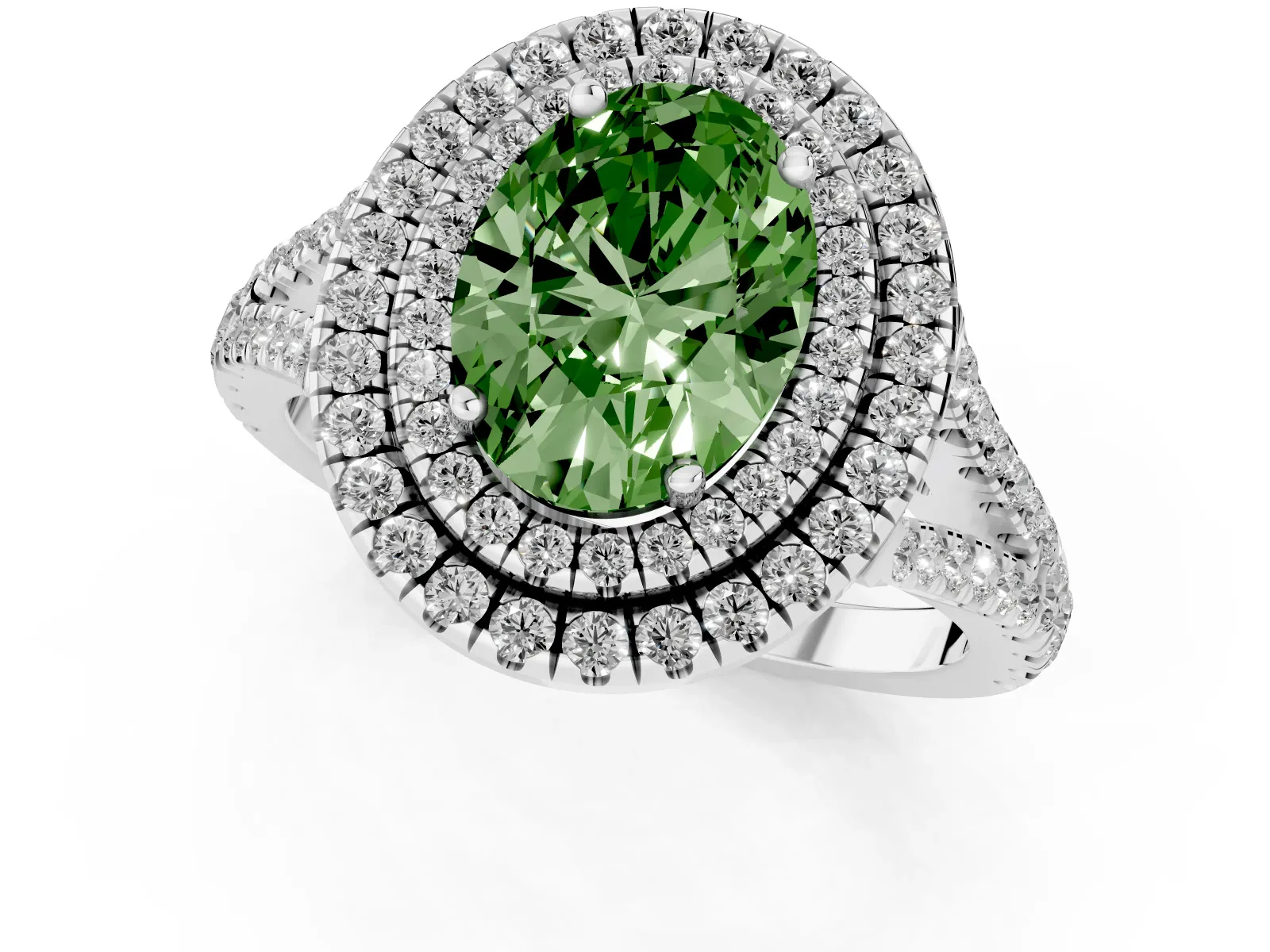 Fancy Green Oval Cut Diamond Double Halo Ring with Pavé Band and Prong Setting Platinum