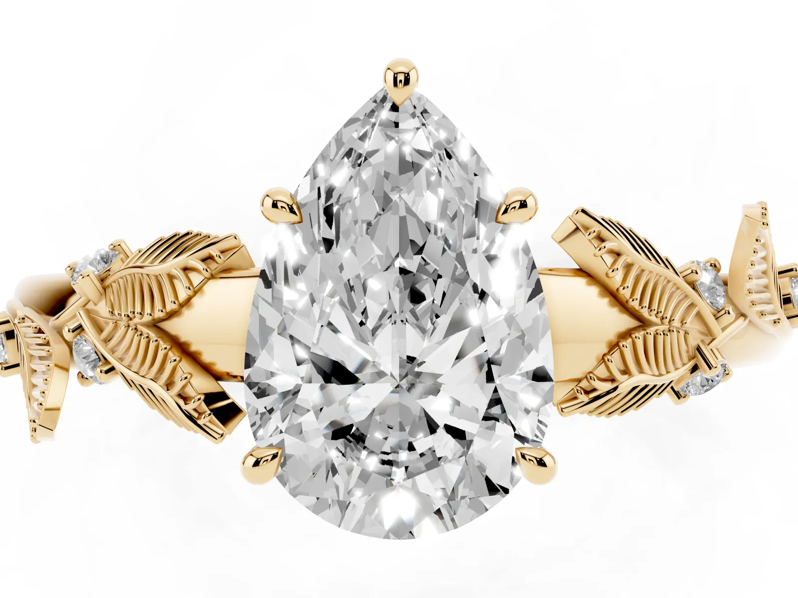 Pear Cut Diamond Solitaire Ring with Leaf Motif Band and Four-Prong Setting Yellow gold