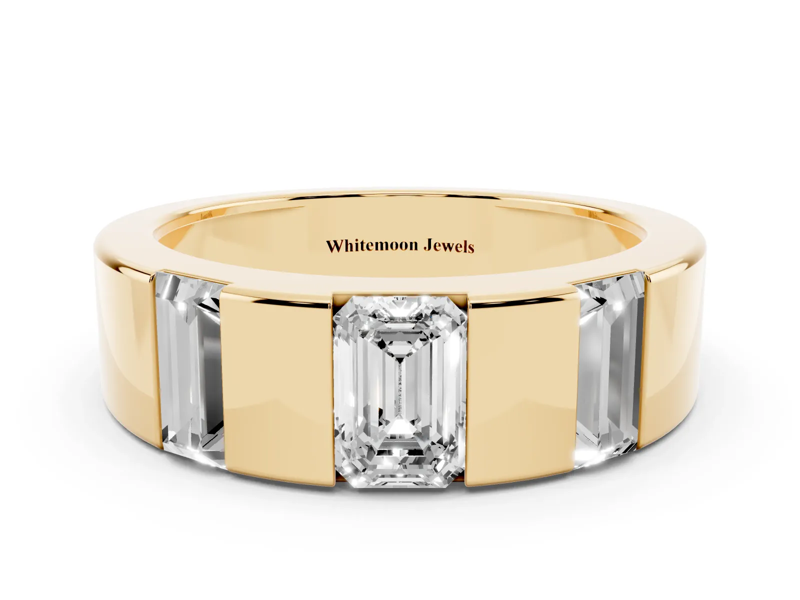 Emerald Cut Diamond Three-Stone Mens Ring with Baguette Side Stones Yellow gold