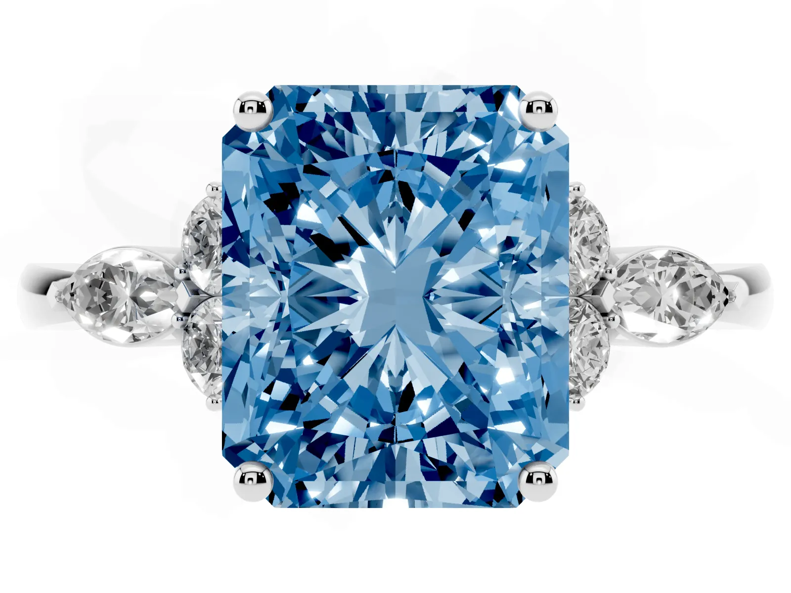 Fancy Blue Radiant Cut Brilliant Diamond Solitaire Ring with Pear Side Stones and Four-Prong Setting White gold
