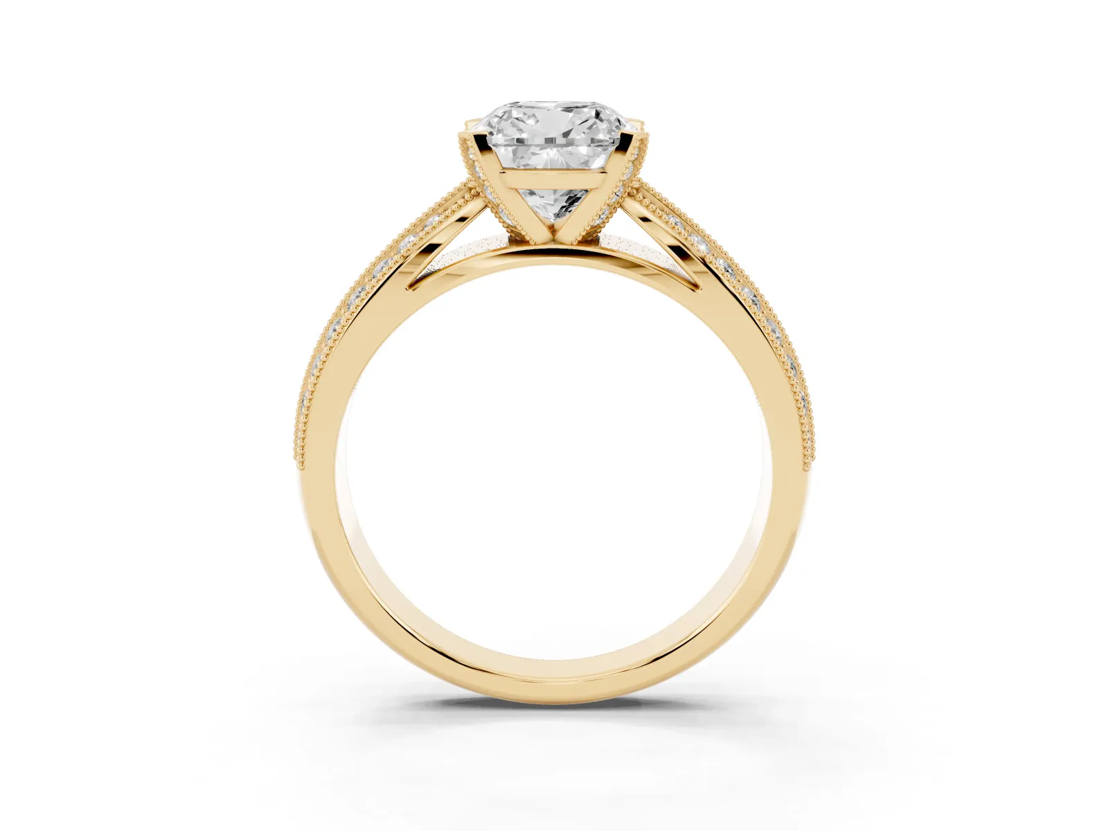 Cushion Cut Diamond Solitaire Ring with Milgrain Round Pavé Band and Prong Setting Yellow gold