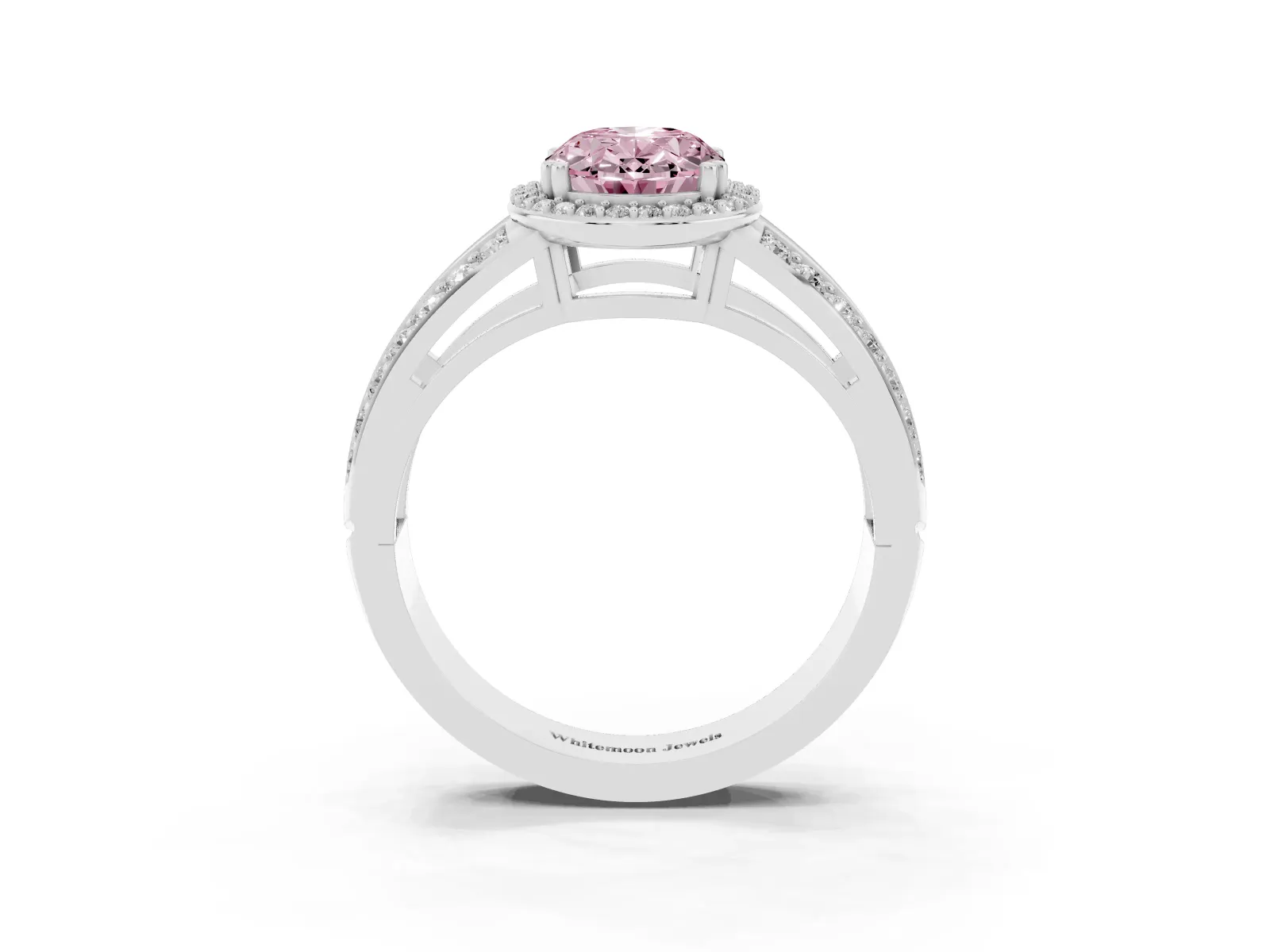 Fancy Pink Oval Cut Diamond Halo Ring with Split Shank Pavé Band and Four-Prong Setting White gold