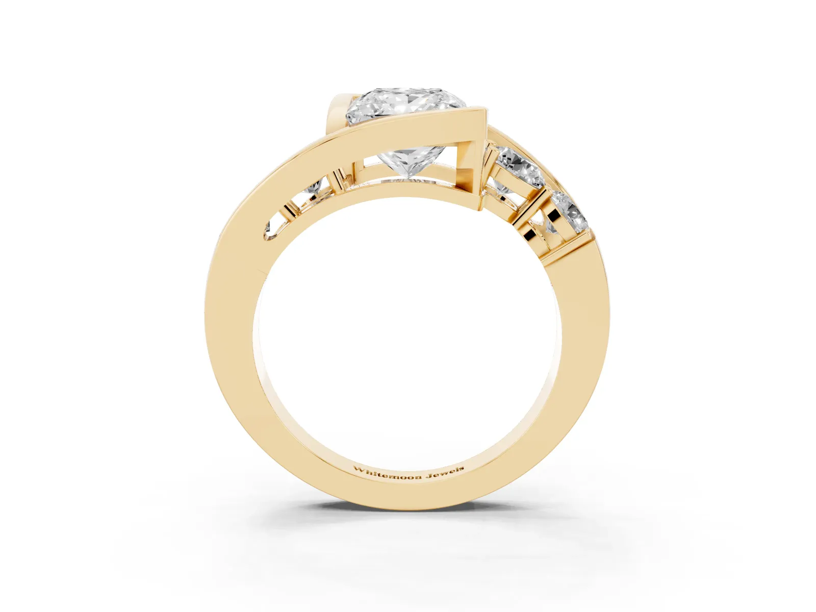 Bezel Set Princess Cut Diamond Bypass Ring with Round Accents Yellow gold