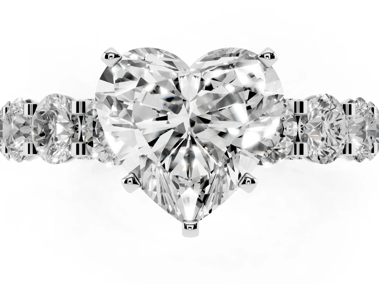 Heart Cut Diamond Side Stone Engagement Ring with Four-Prong Setting Silver