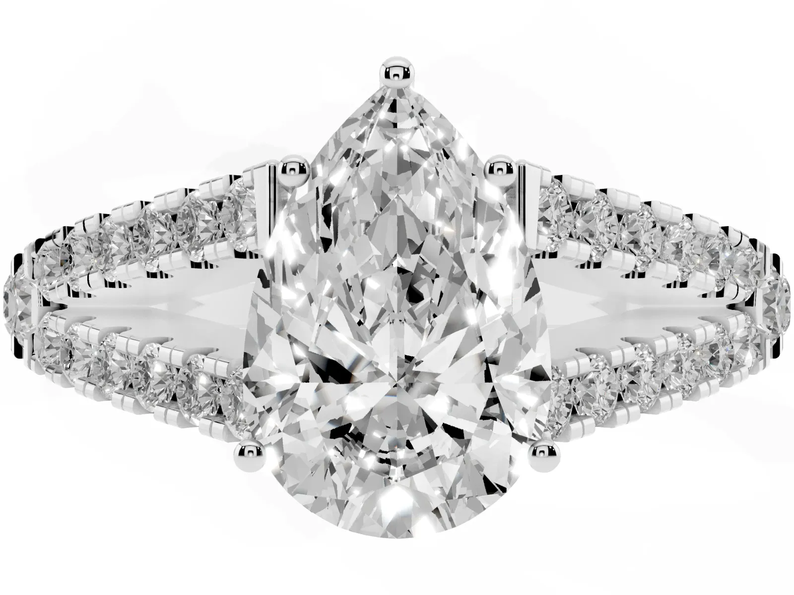 Pear Cut Diamond Split Shank Engagement Ring with Round Pavé and Prong Setting White gold