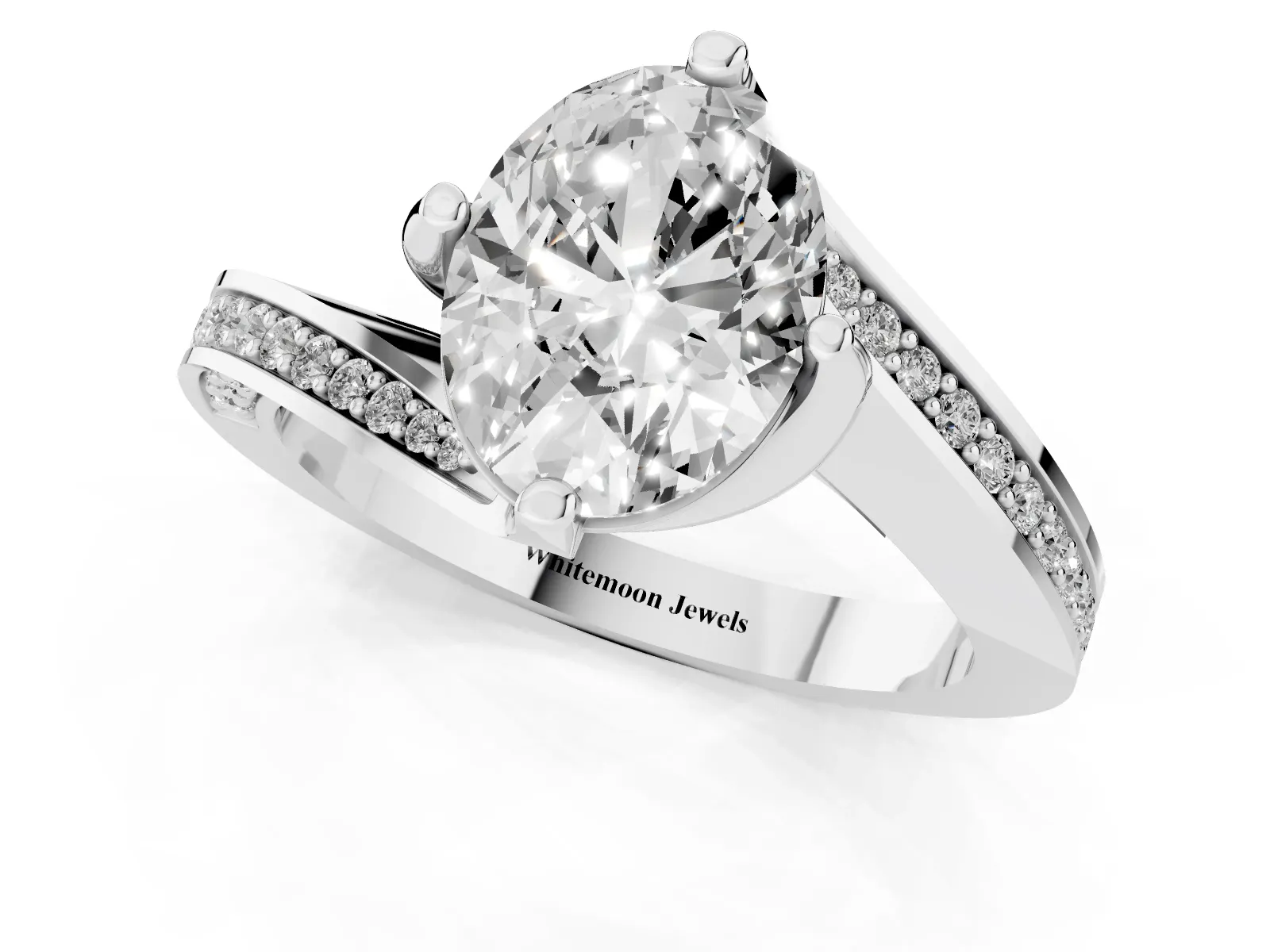 Oval Cut Solitaire Diamond Twist Band with Pavé Setting and Four-Prong Setting Platinum