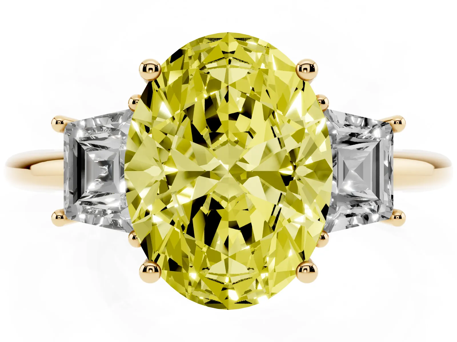 Fancy Yellow Oval Cut Diamond Three-Stone Ring with Trapezoid Side Stones and Prong Setting Yellow gold