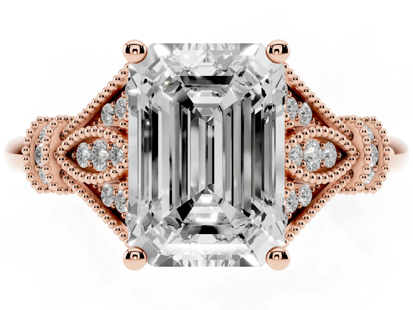 Emerald Cut Diamond Solitaire Ring with Floral Filigree and Pave Accents Rose gold