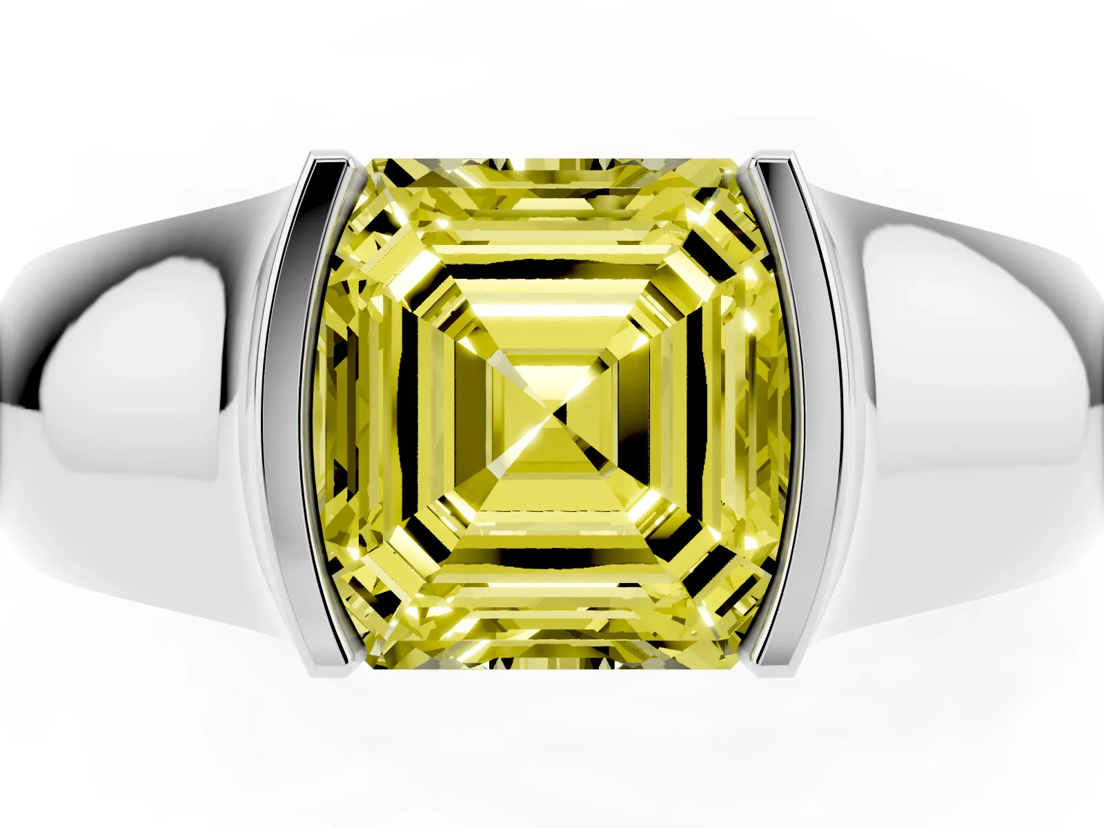 Fancy Yellow Asscher Cut Solitaire Bezel Set Diamond Ring with Wide Band Platinum