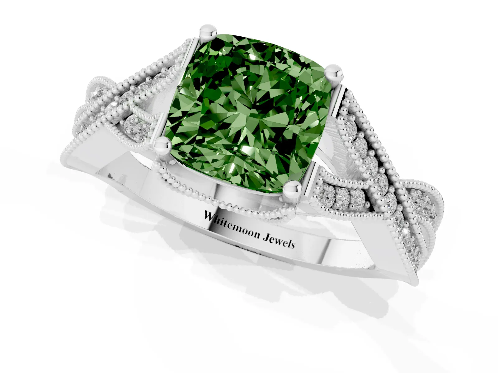 Fancy Green Cushion Cut Cut Diamond Twisted Band with Milgrain Pave Setting and Four-Prong Setting Platinum