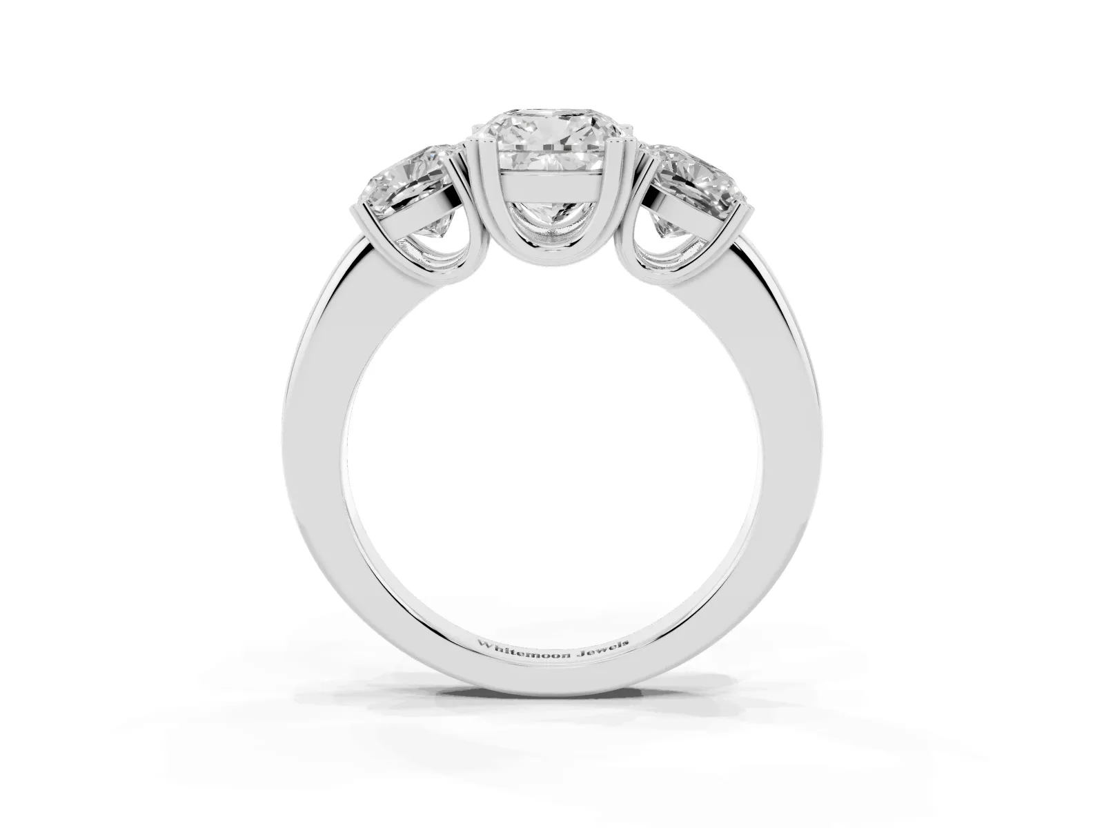 Three-Stone Cushion Cut Cut Diamond Ring with Channel Set Band and Four-Prong Setting White gold