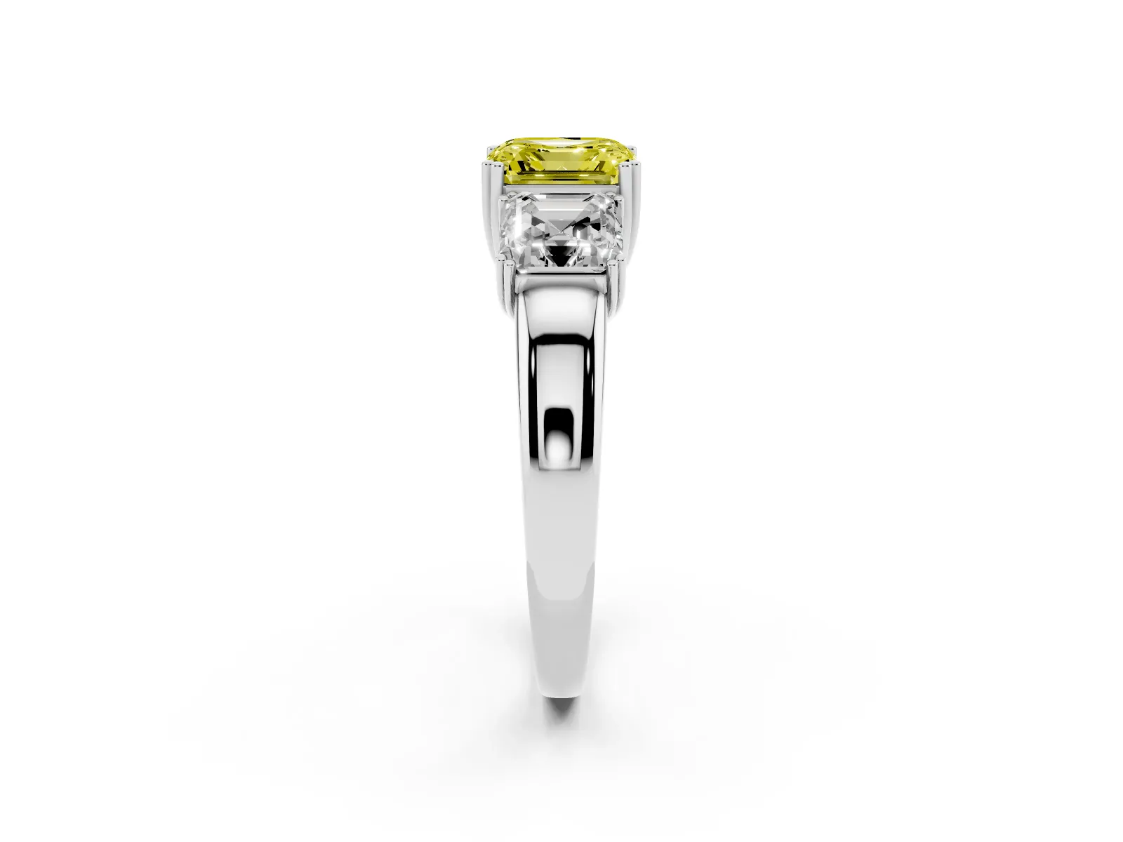 Fancy Yellow Three-Stone Asscher Cut Cut Diamond Ring with Channel Set Band and Four-Prong Setting White gold